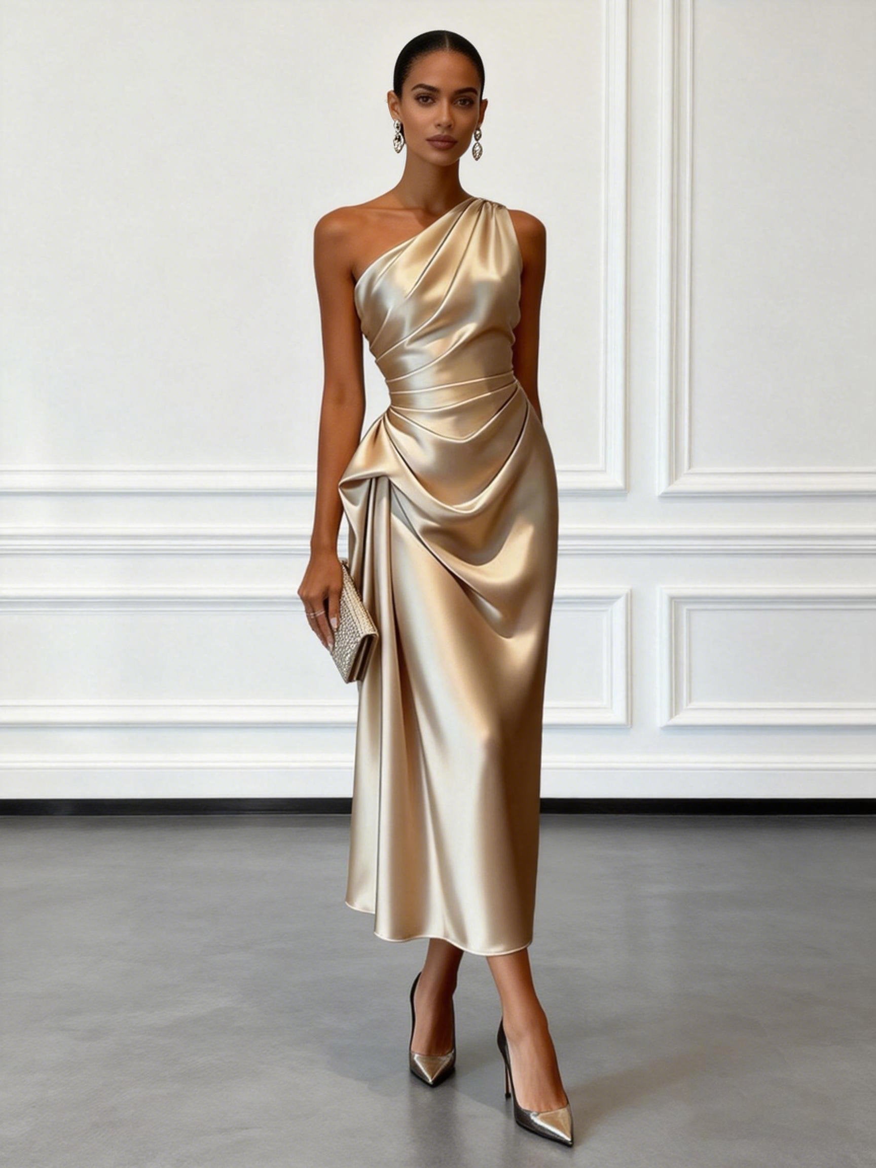 One Shoulder Ruched Satin Midi Dress for Women — styling detail
