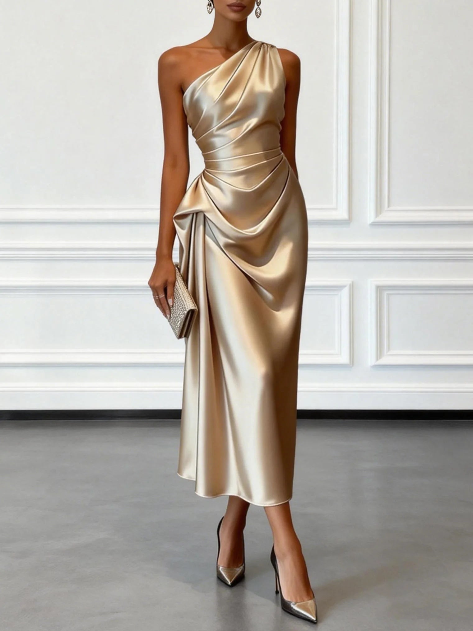 One Shoulder Ruched Satin Midi Dress for Women