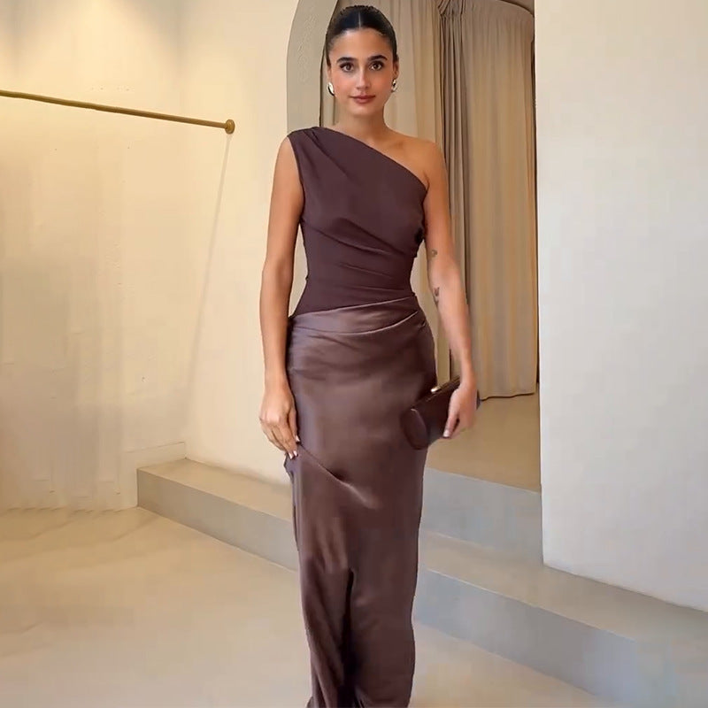 One-Shoulder Satin Long Evening Dress with Ruched Bodice and Column Skirt — back view