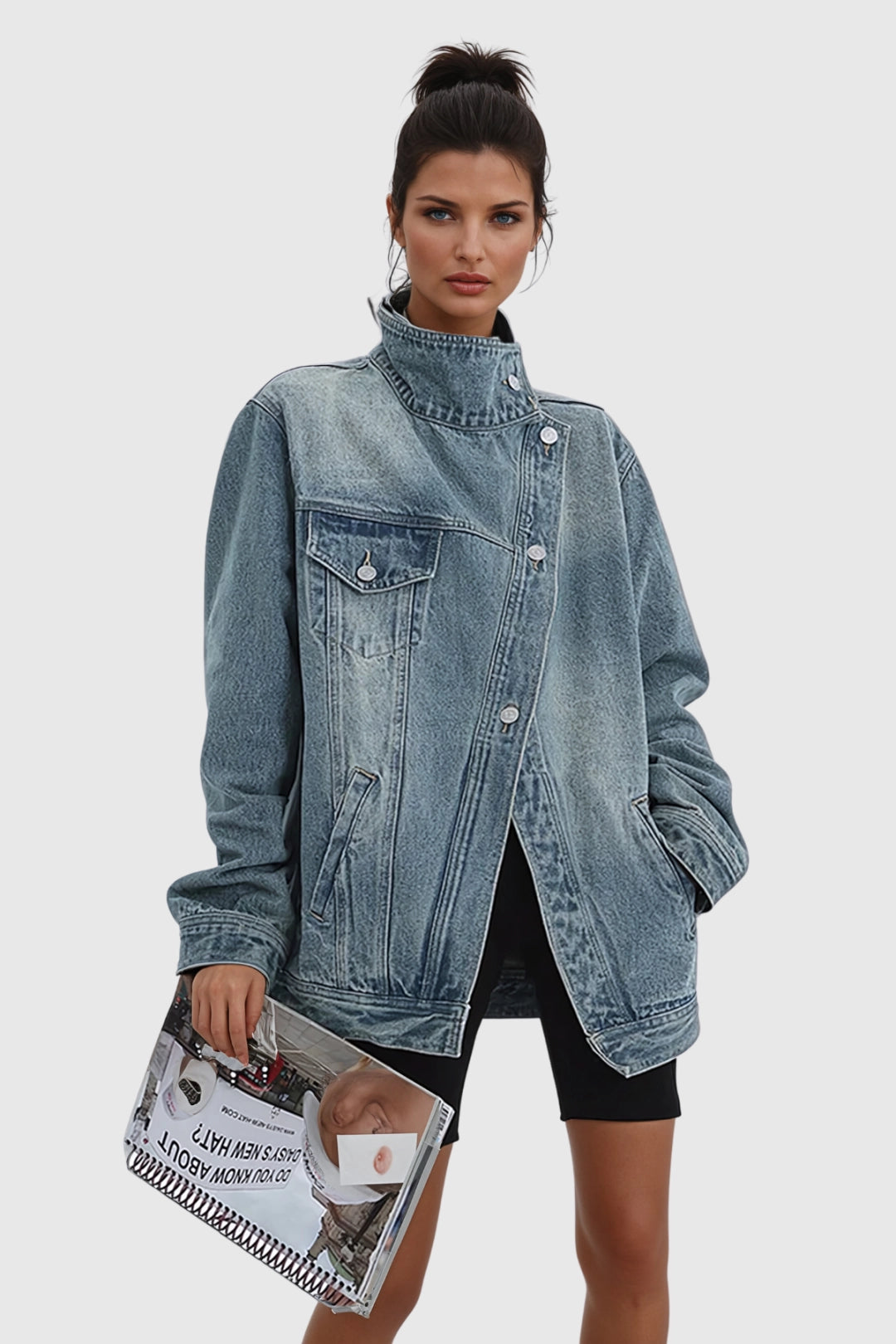 Oversized Asymmetric Button Boxy Fit Washed Denim Jacket