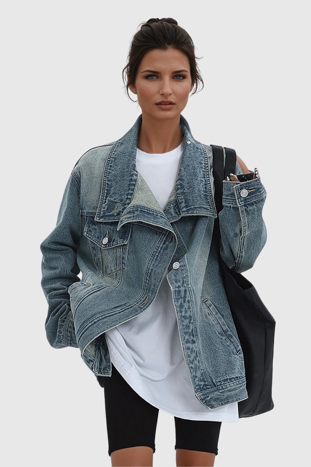 Oversized Asymmetric Button Boxy Fit Washed Denim Jacket