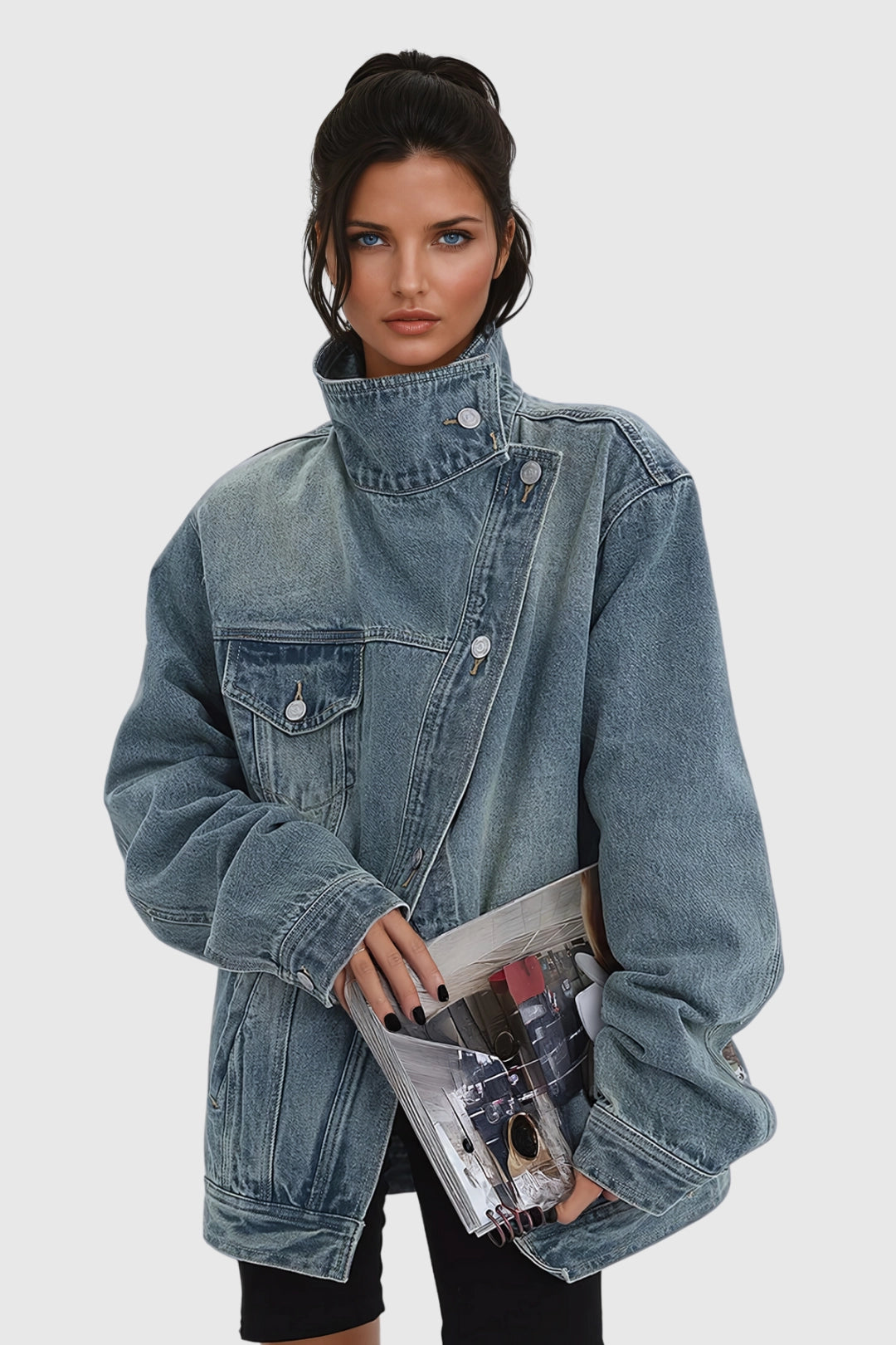 Oversized Asymmetric Button Boxy Fit Washed Denim Jacket