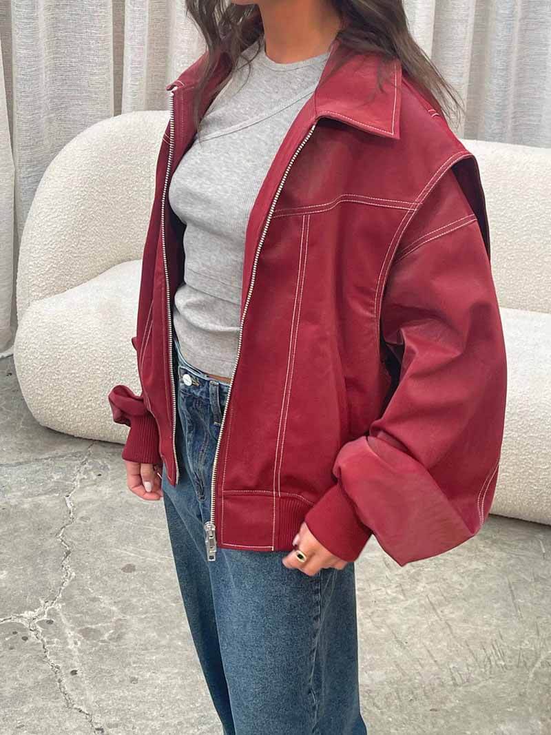 Oversized Zip Up Contrast Stitch Collared Bomber Jacket