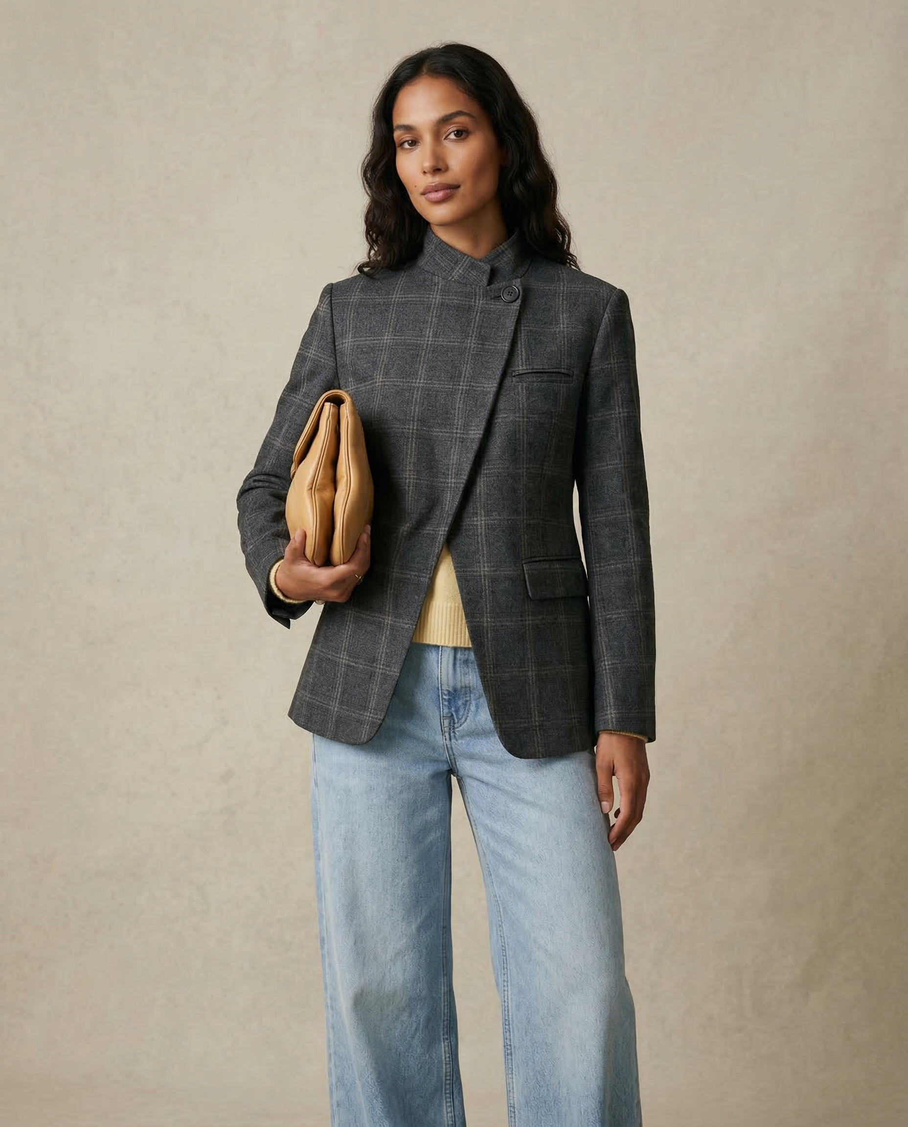 Plaid Blazer – Chic Single Button Versatile Jacket for Modern Women — back view