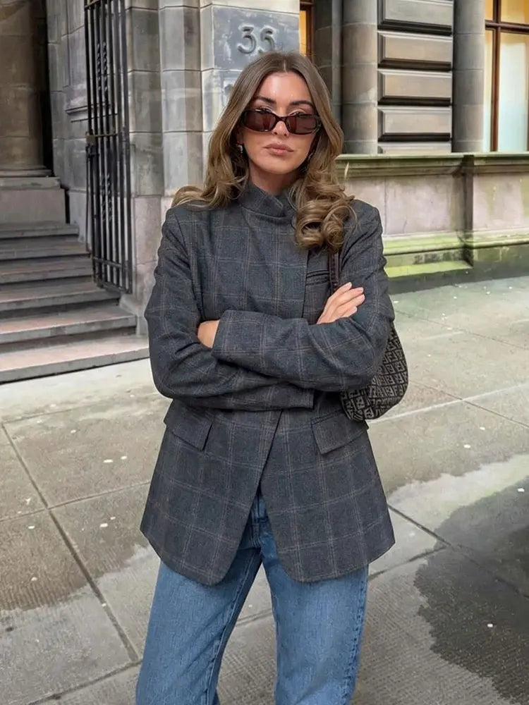 Plaid Blazer – Chic Single Button Versatile Jacket for Modern Women — model wearing
