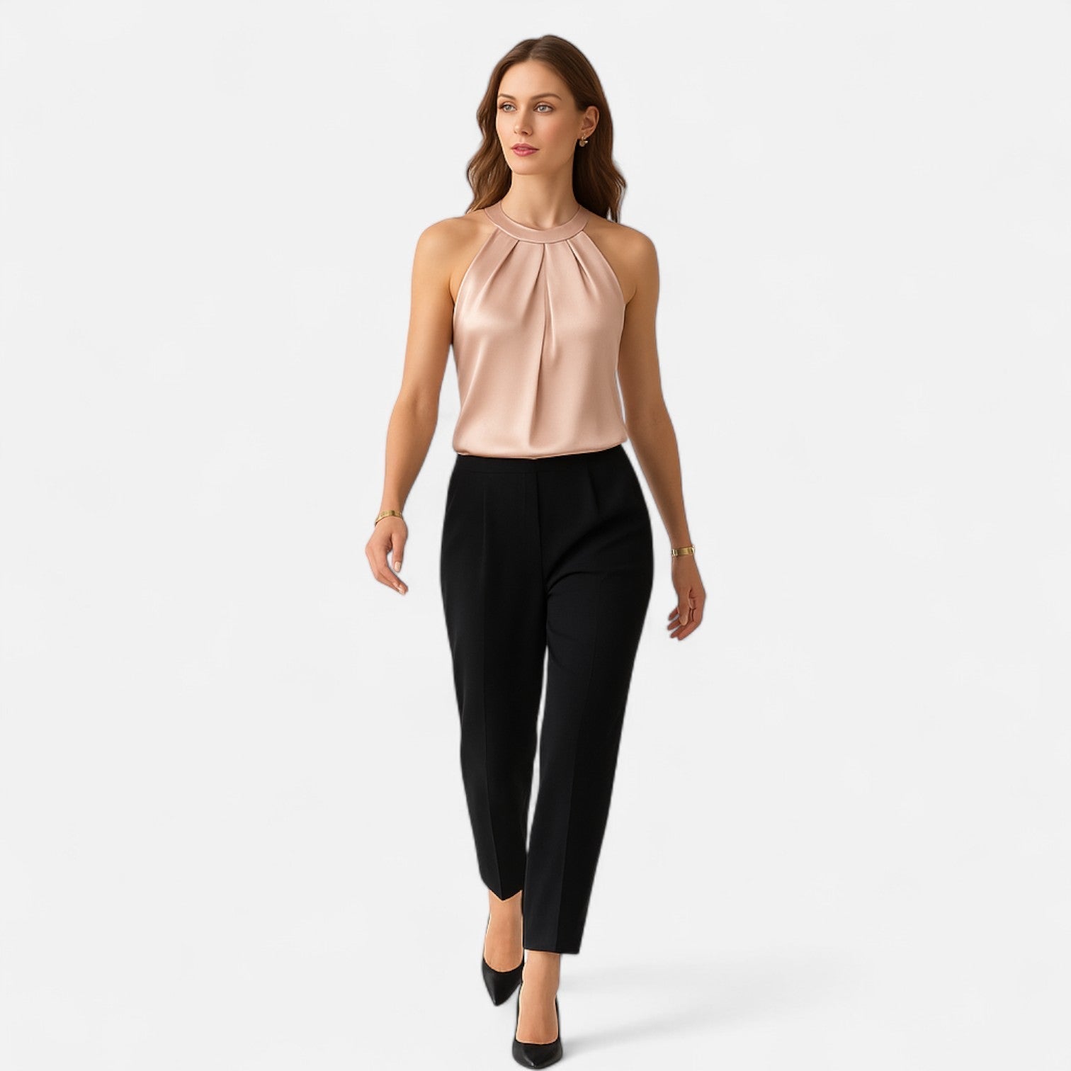 Pleated Draped Satin Tank Top with Soft Cowl Detail — back view