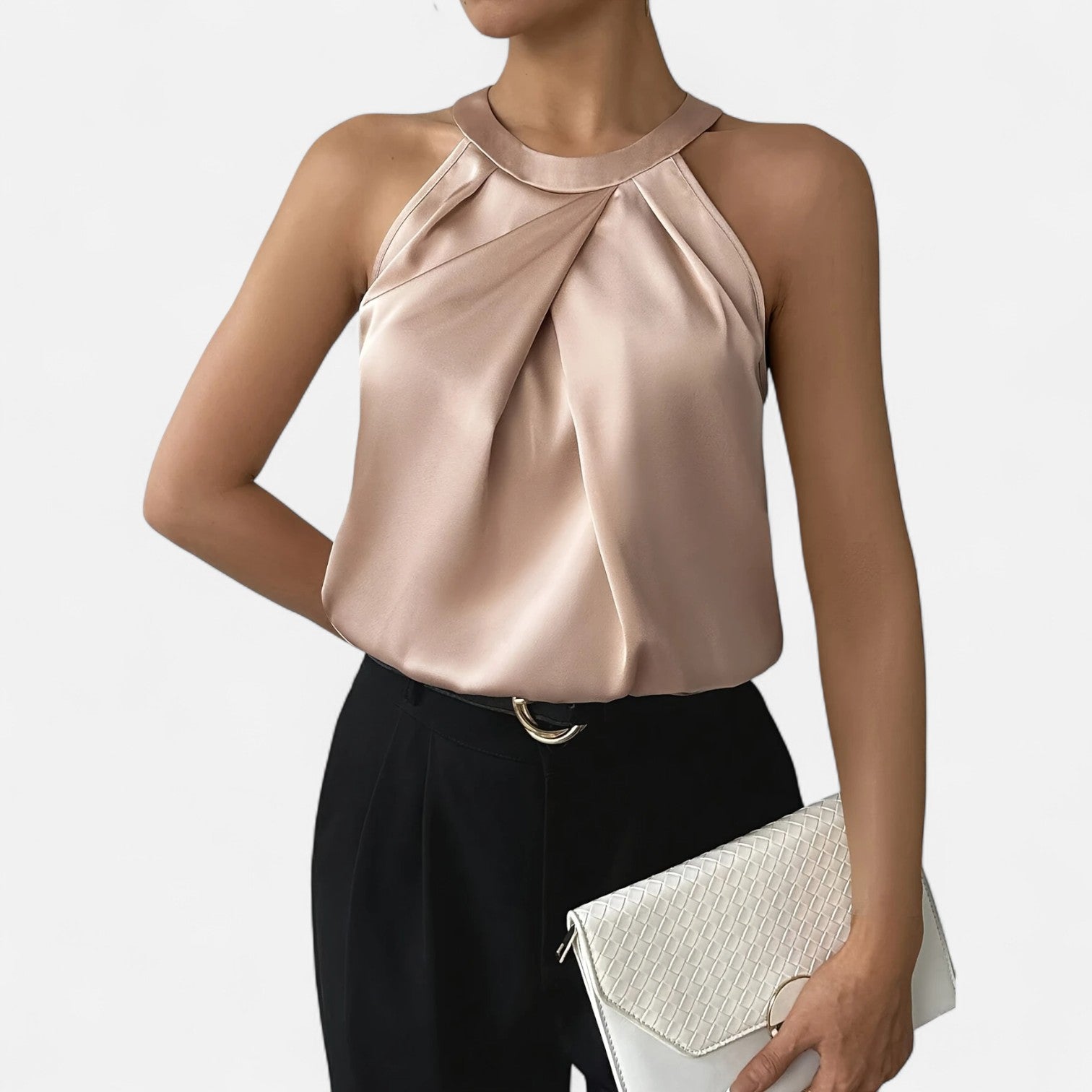 Pleated Draped Satin Tank Top with Soft Cowl Detail — close-up