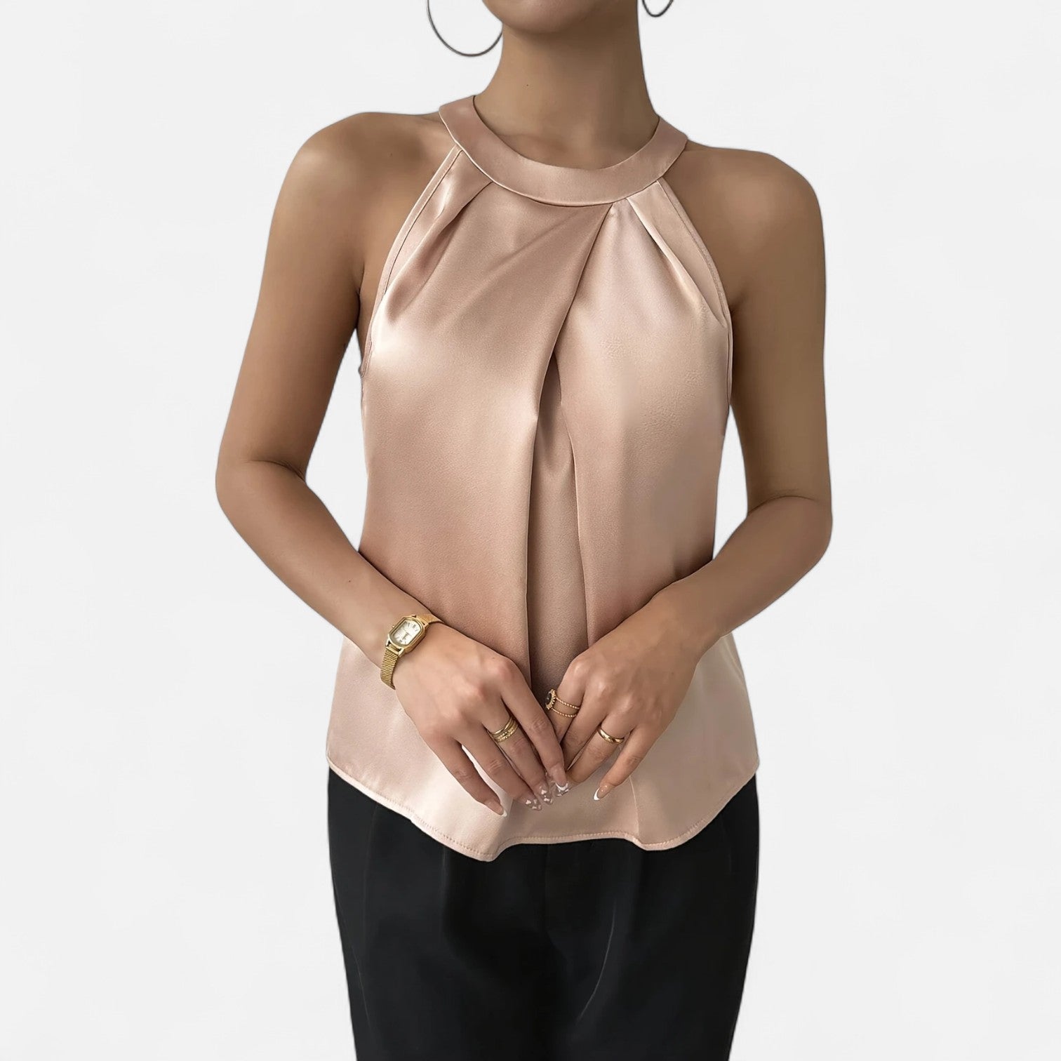 Pleated Draped Satin Tank Top with Soft Cowl Detail — detail view