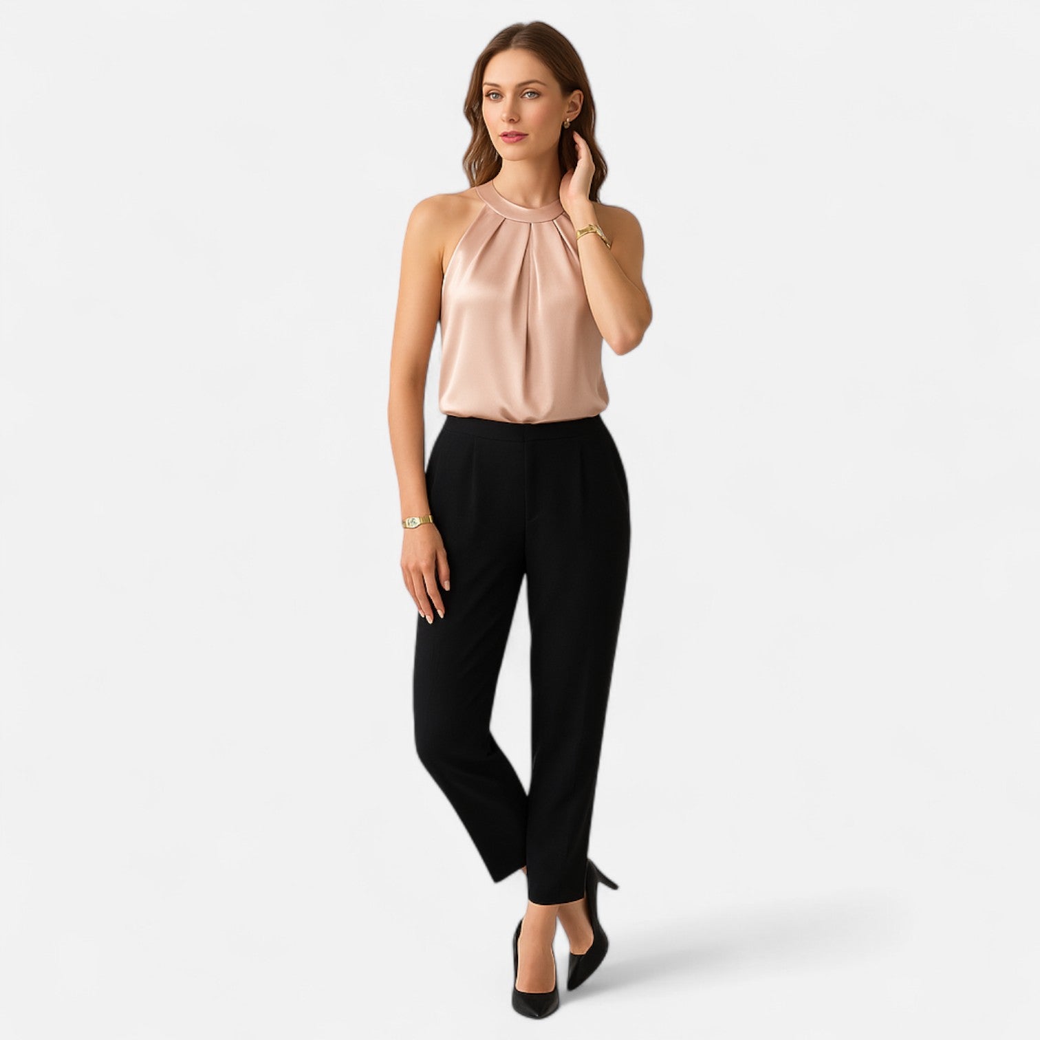 Pleated Draped Satin Tank Top with Soft Cowl Detail — side view