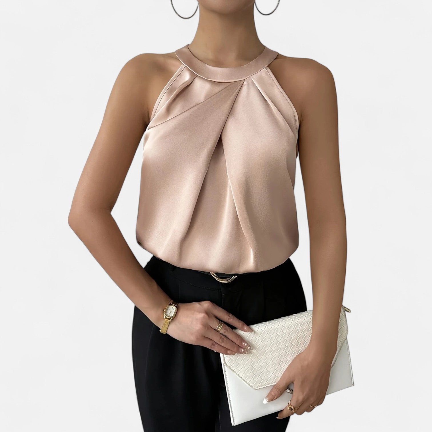 Pleated Draped Satin Tank Top with Soft Cowl Detail