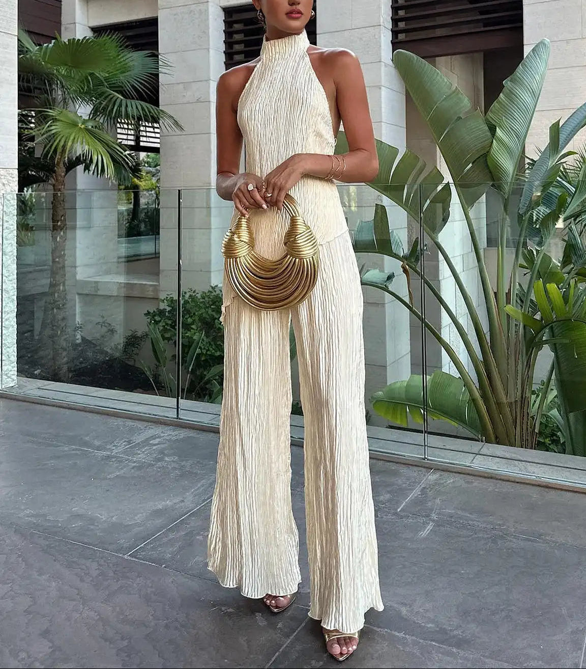 Pleated Halter Neck Top and Wide Leg Trousers Two-Piece Set