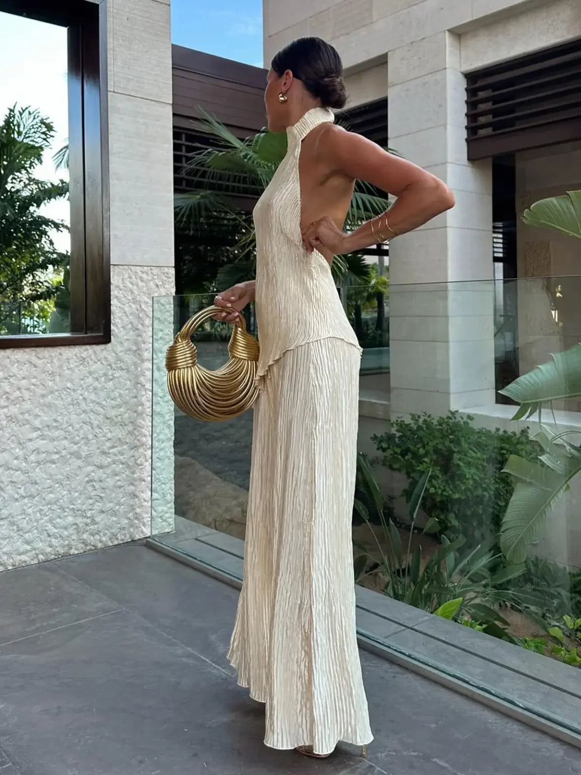 Pleated Halter Neck Top and Wide Leg Trousers Two-Piece Set