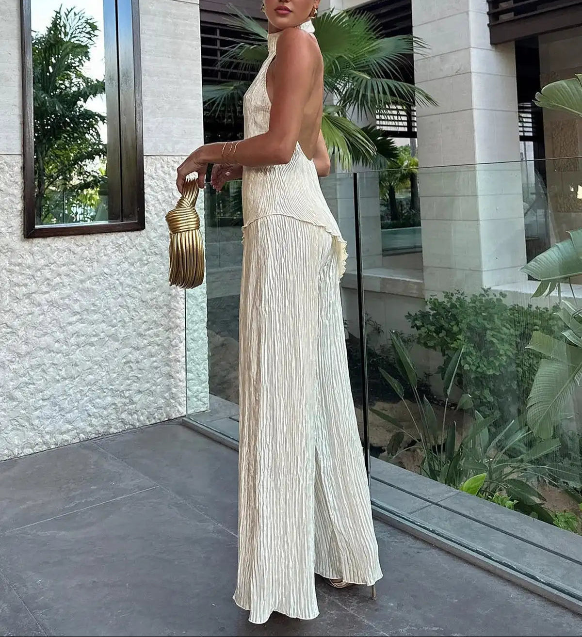 Pleated Halter Neck Top and Wide Leg Trousers Two-Piece Set