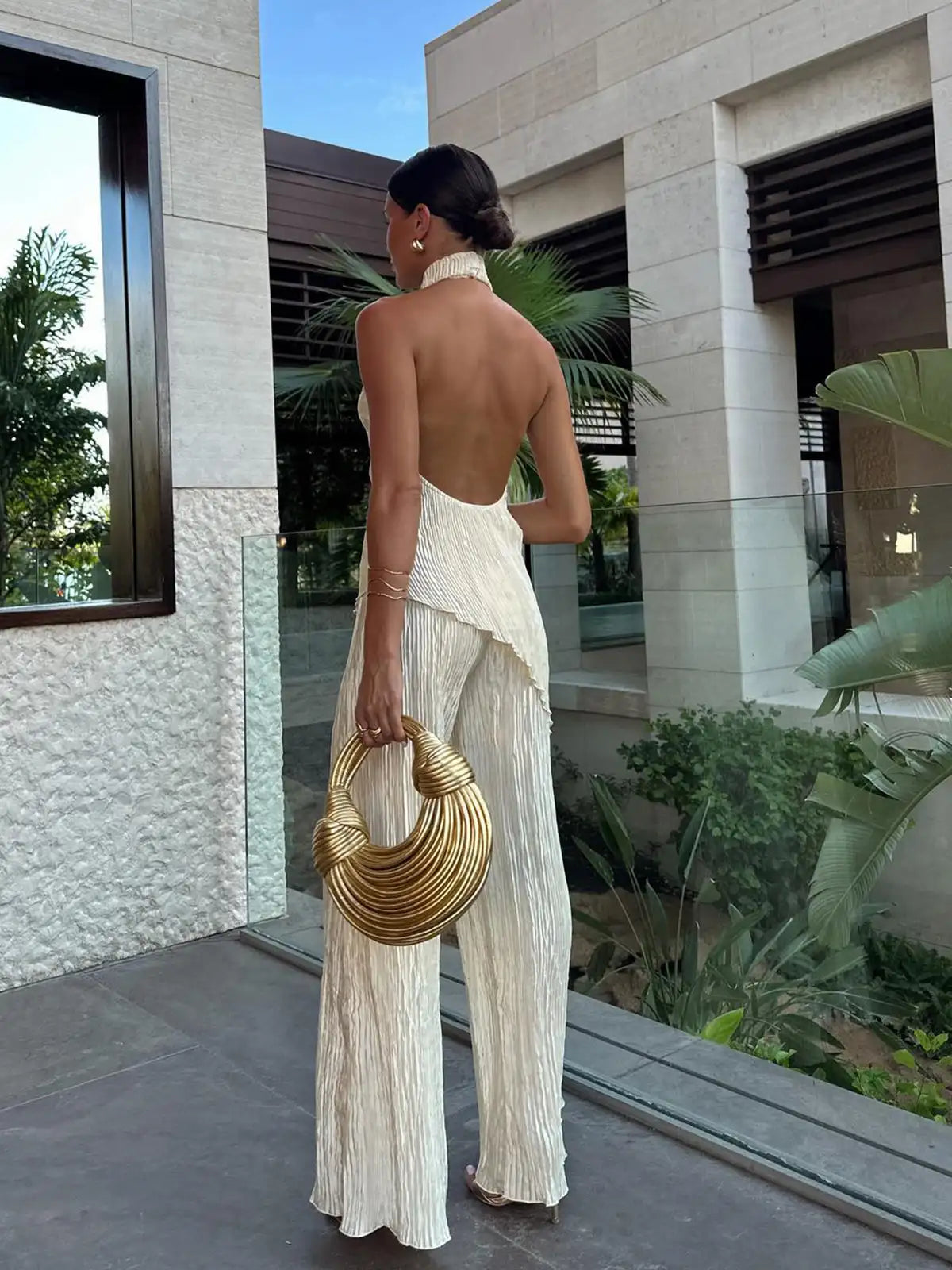 Pleated Halter Neck Top and Wide Leg Trousers Two-Piece Set