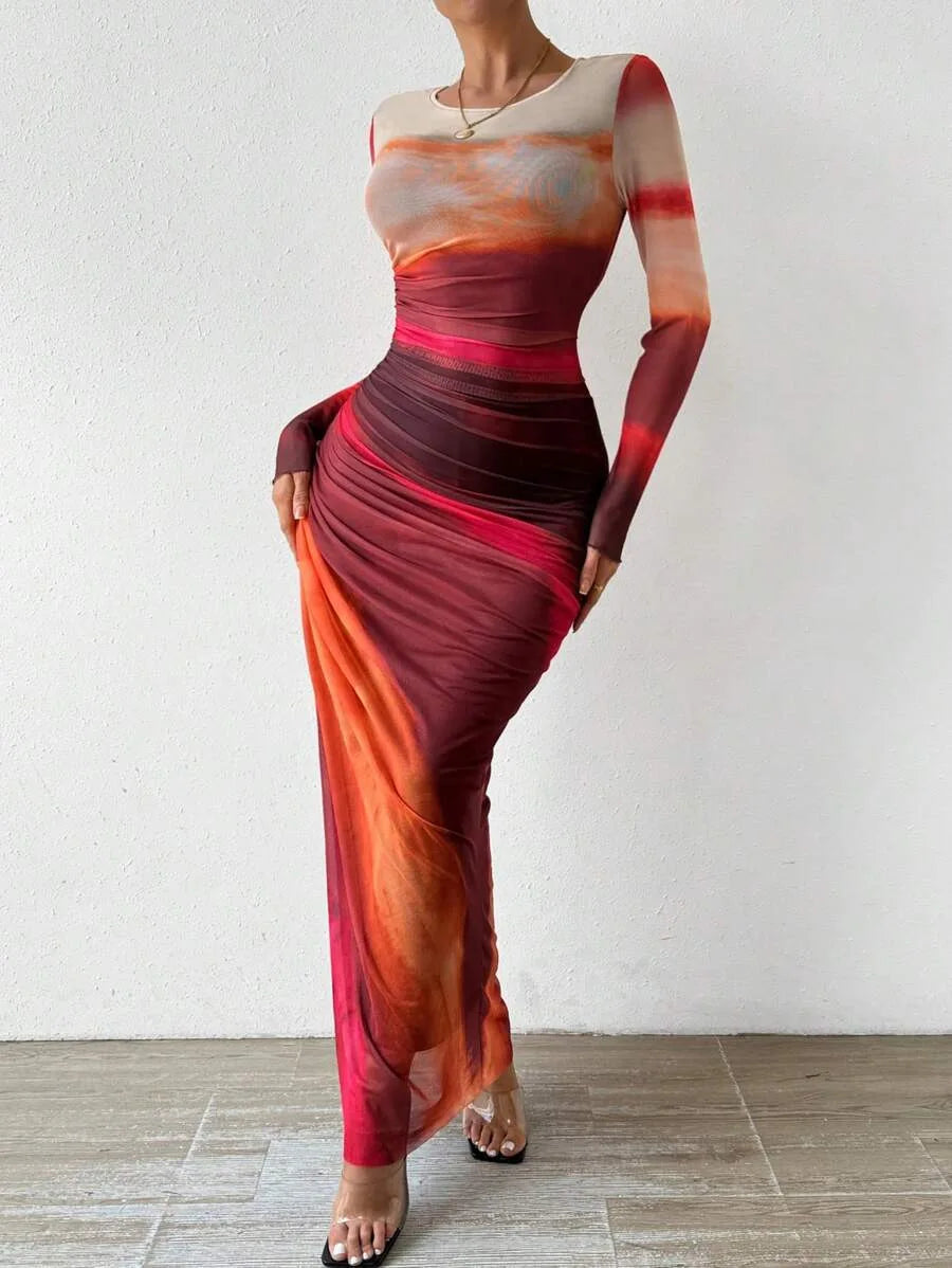 Pleated Maxi Dress – Elegant Mesh Design for Special Evening Events — alternative angle