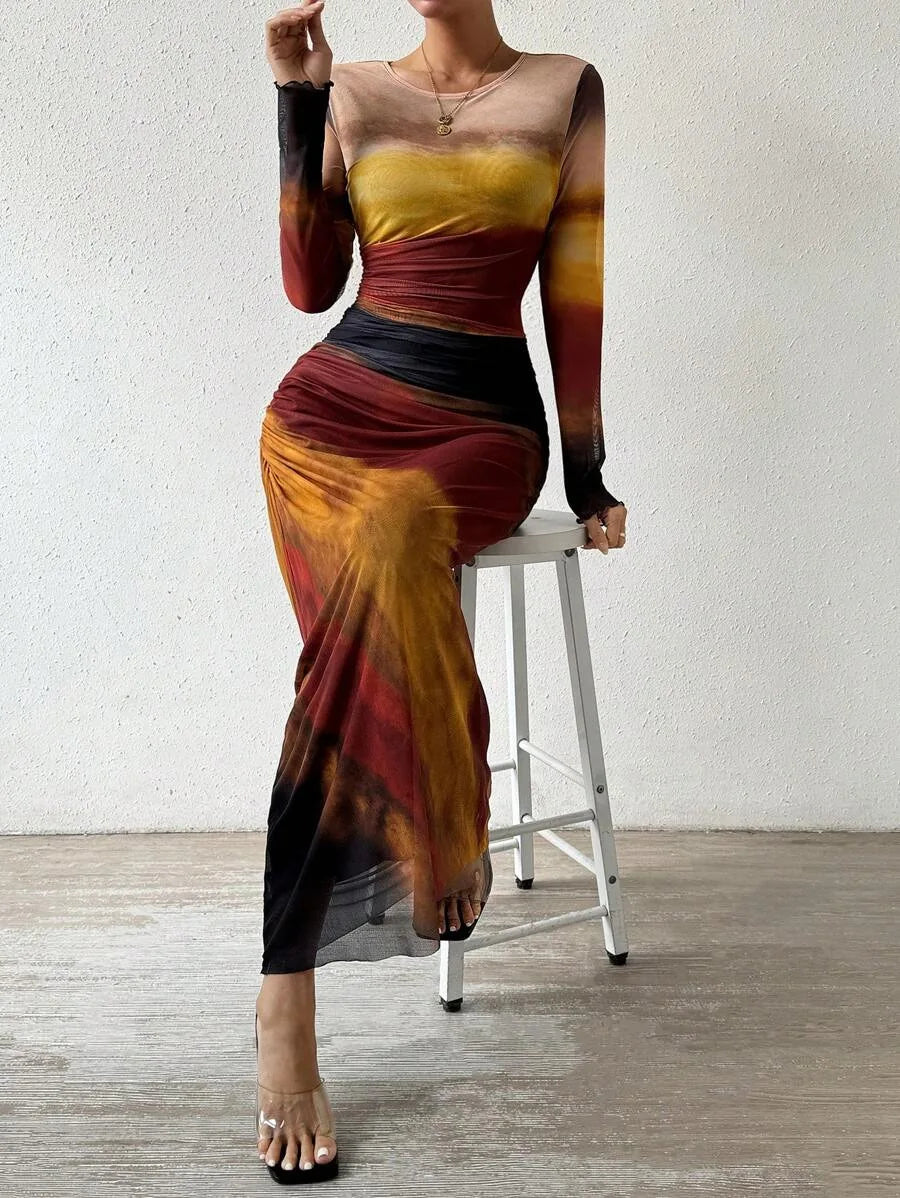 Pleated Maxi Dress – Elegant Mesh Design for Special Evening Events — back view