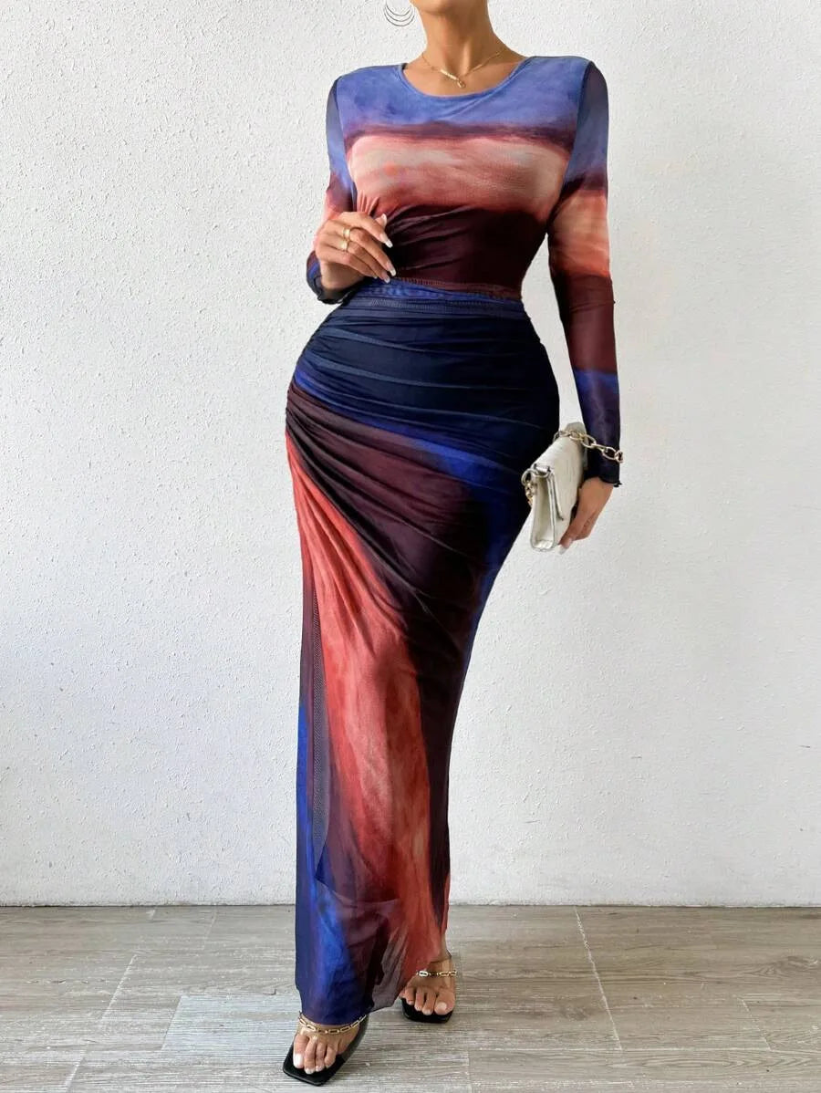Pleated Maxi Dress – Elegant Mesh Design for Special Evening Events — close-up