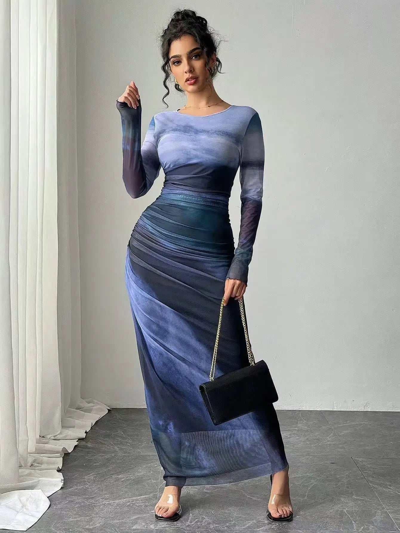 Pleated Maxi Dress – Elegant Mesh Design for Special Evening Events — detail view