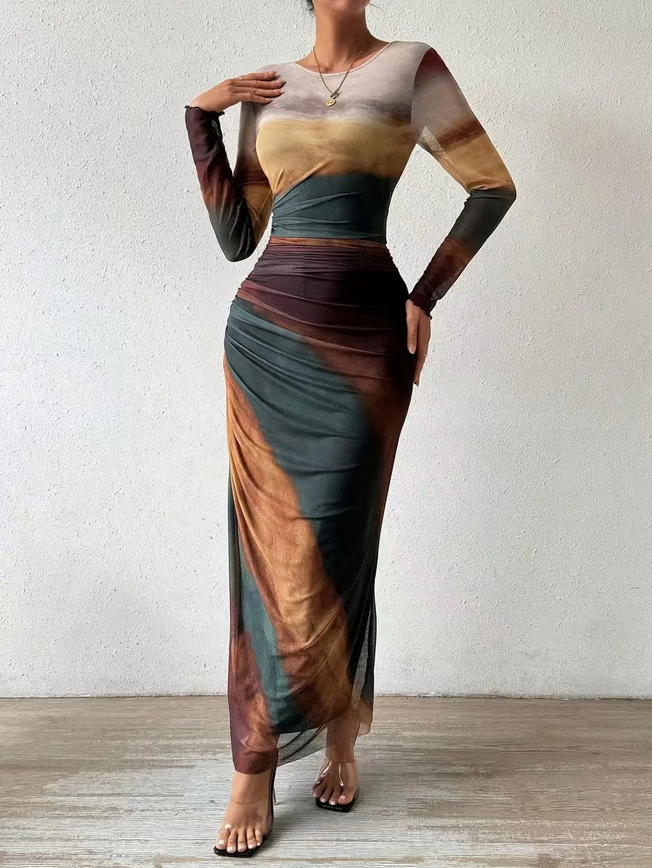 Pleated Maxi Dress – Elegant Mesh Design for Special Evening Events — model wearing