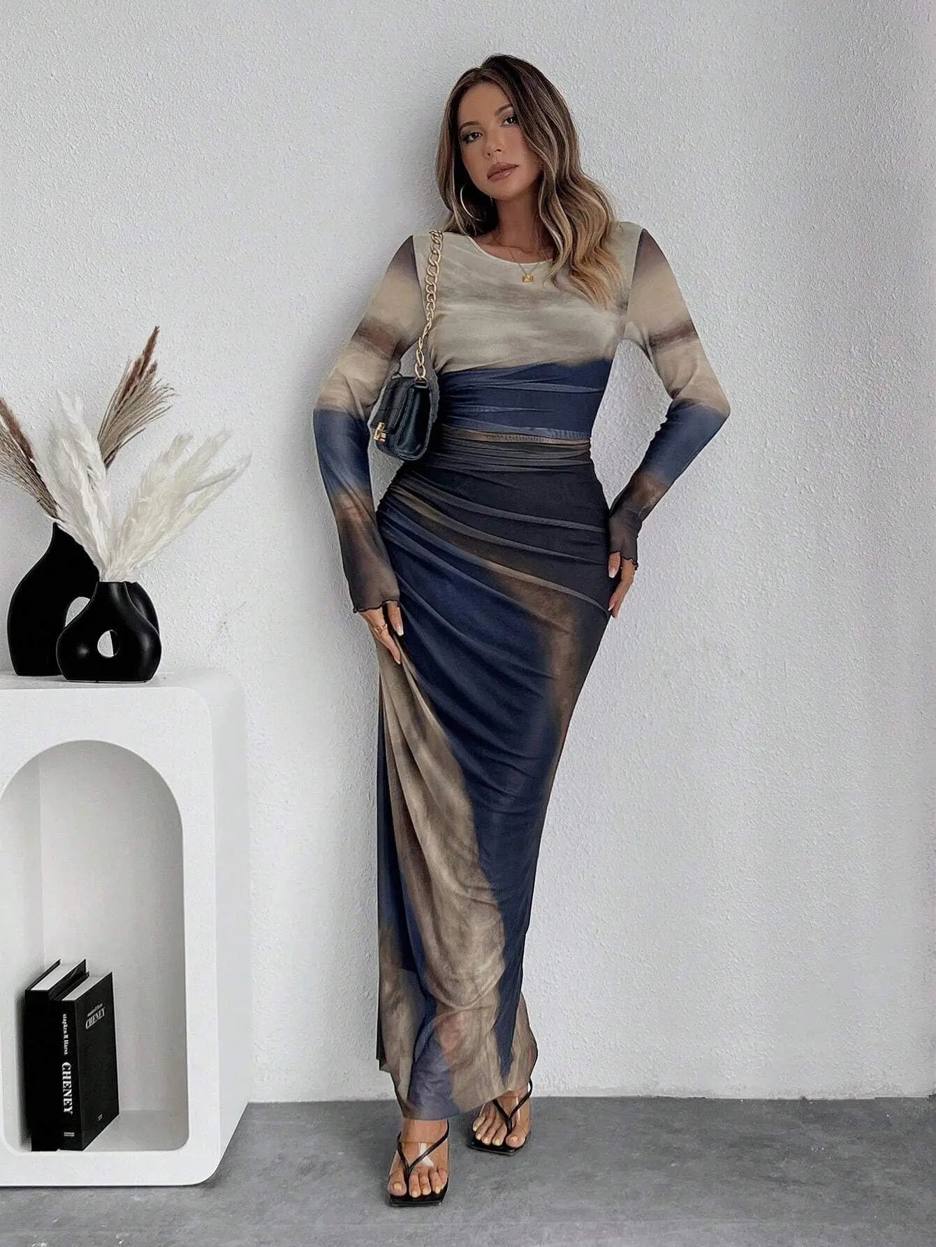 Pleated Maxi Dress – Elegant Mesh Design for Special Evening Events — styling detail
