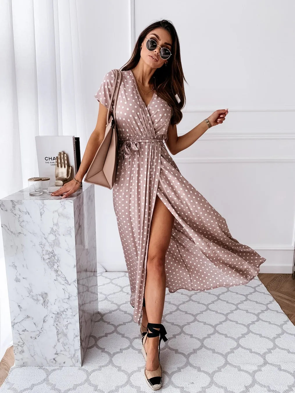 Polka Dot Maxi Dress – Stylish V-Neck Beachwear for Summer Adventures — alternative angle