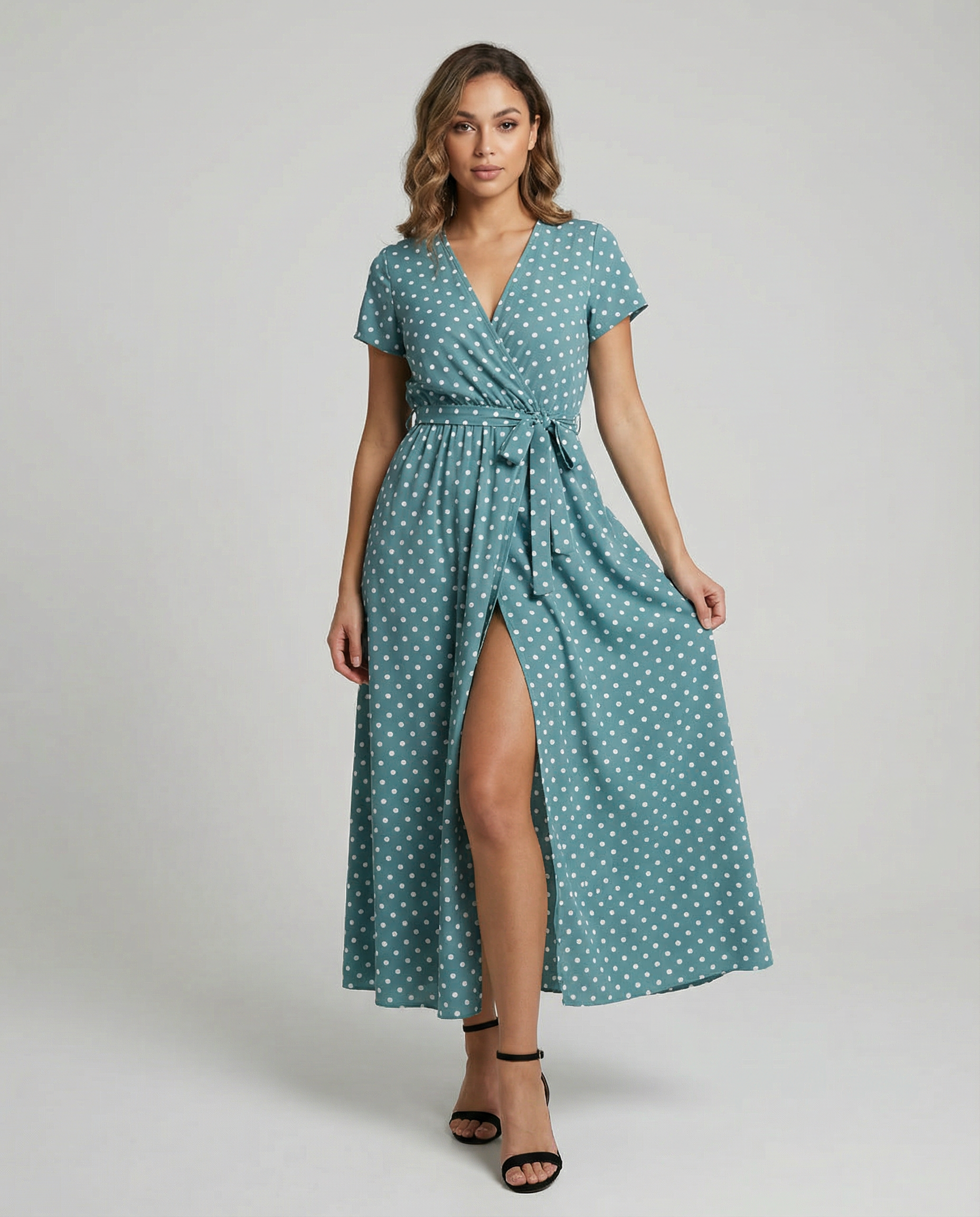 Polka Dot Maxi Dress – Stylish V-Neck Beachwear for Summer Adventures — back view