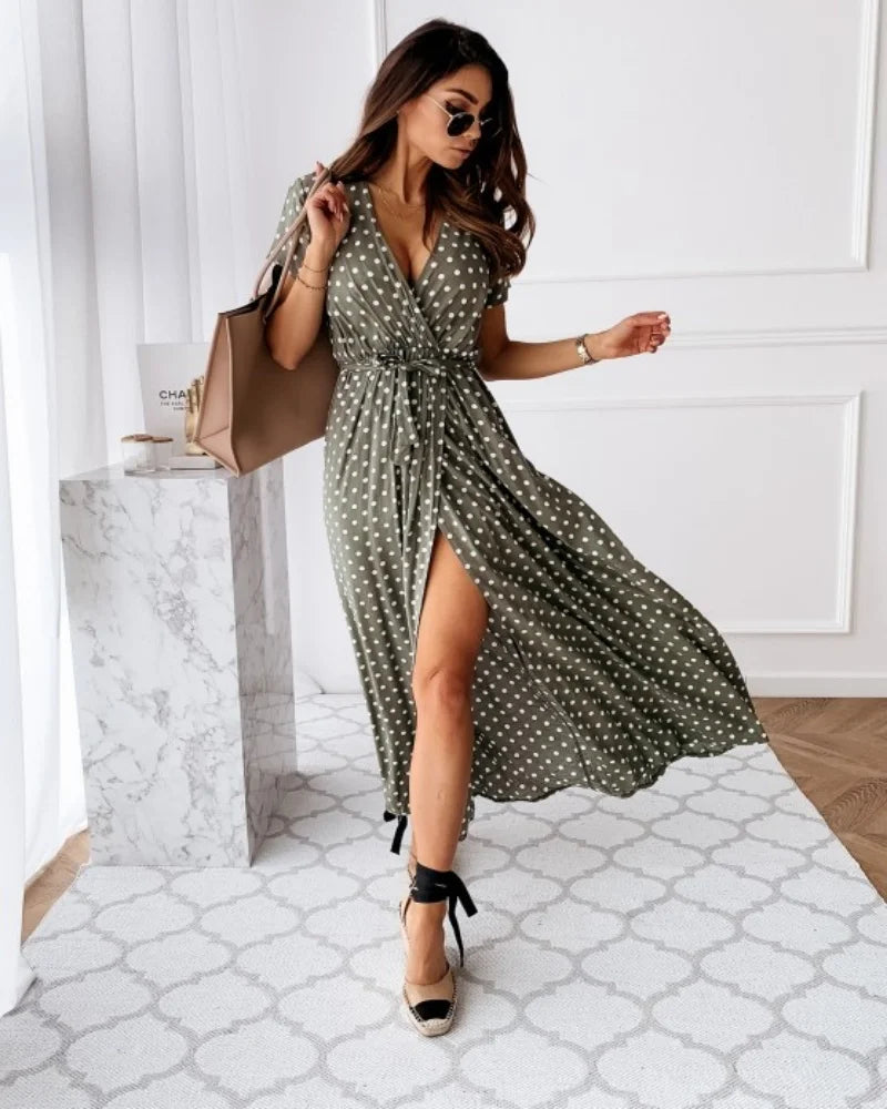 Polka Dot Maxi Dress – Stylish V-Neck Beachwear for Summer Adventures — close-up