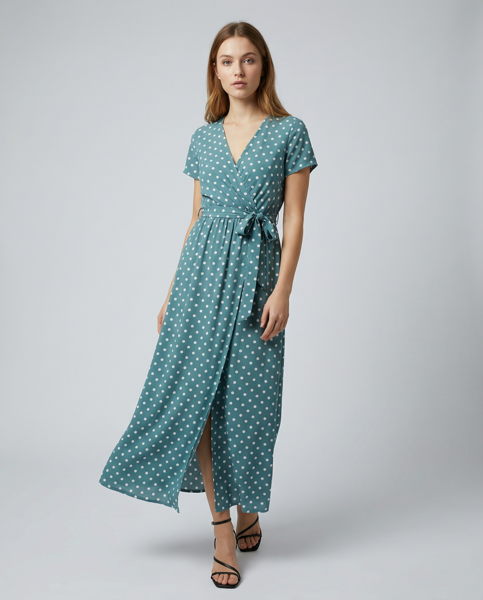 Polka Dot Maxi Dress – Stylish V-Neck Beachwear for Summer Adventures — detail view