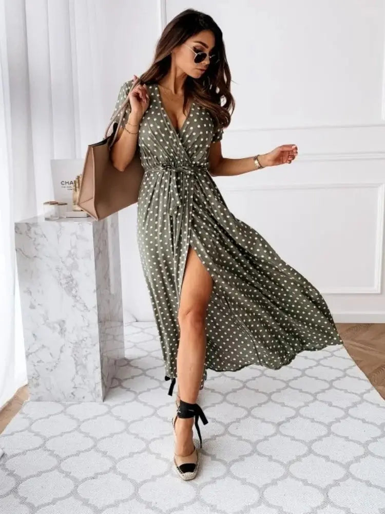 Polka Dot Maxi Dress – Stylish V-Neck Beachwear for Summer Adventures — model wearing