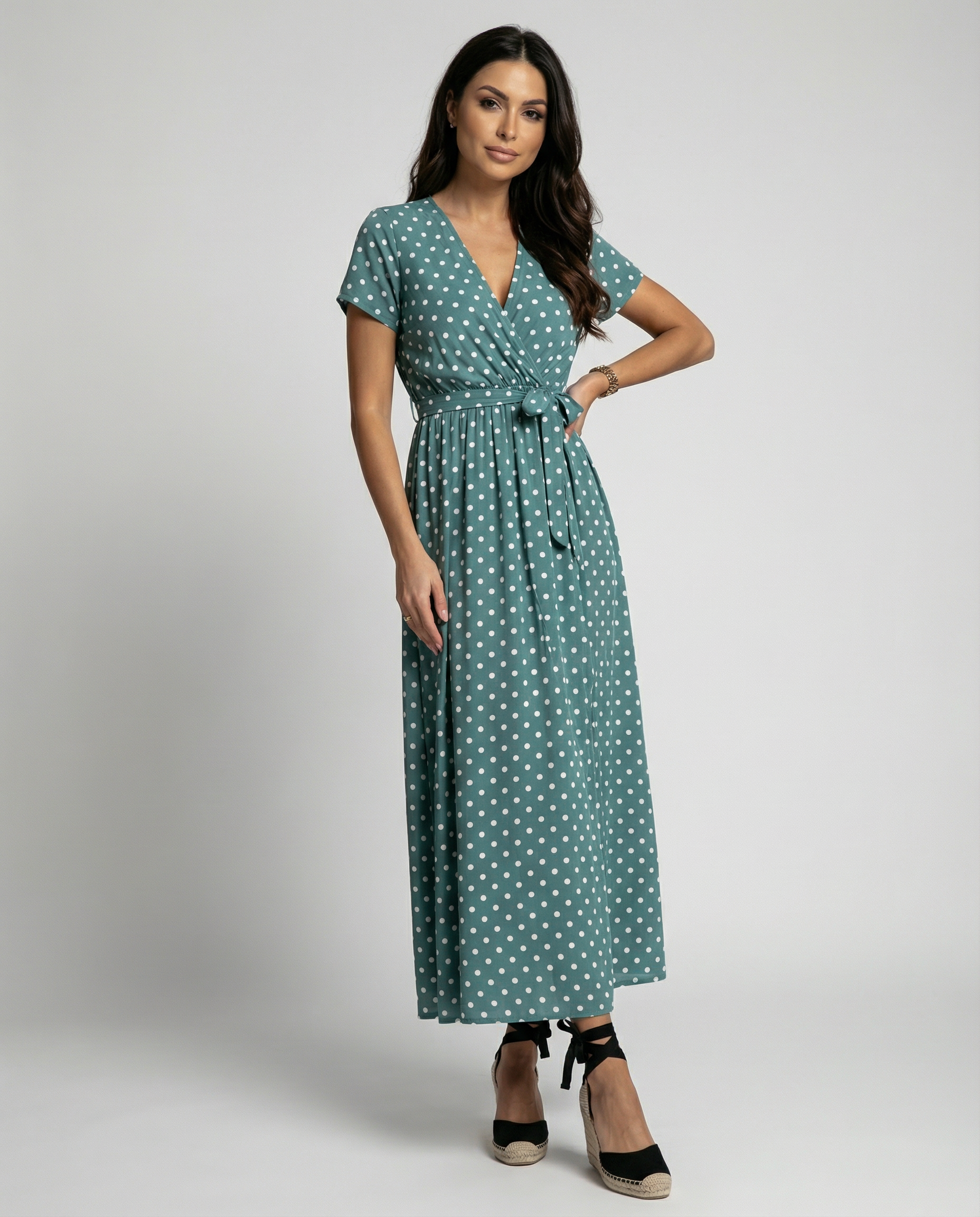 Polka Dot Maxi Dress – Stylish V-Neck Beachwear for Summer Adventures — side view