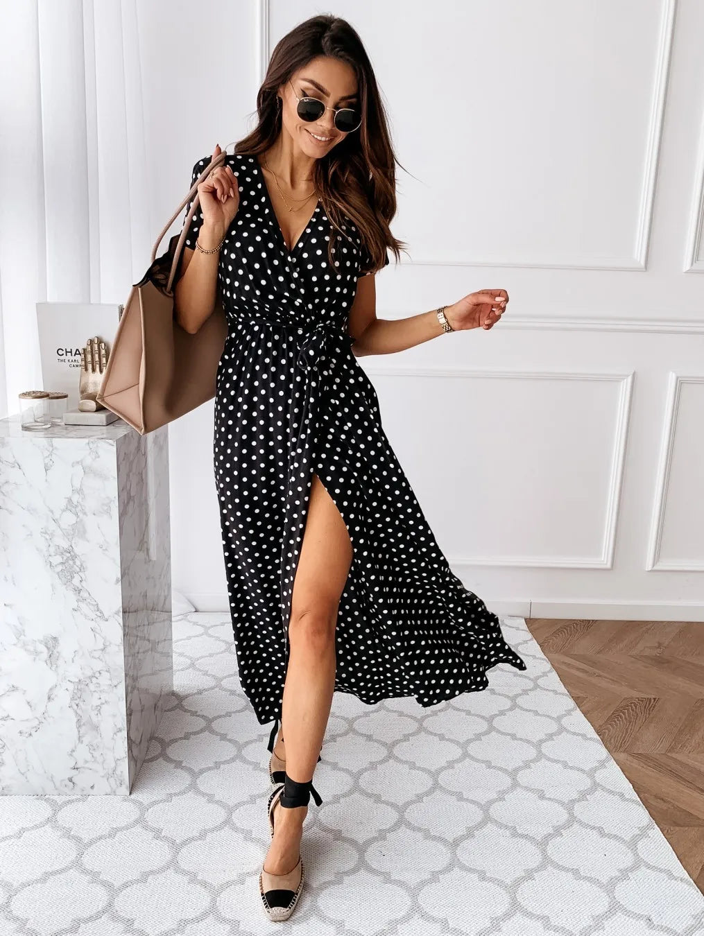 Polka Dot Maxi Dress – Stylish V-Neck Beachwear for Summer Adventures — styling detail