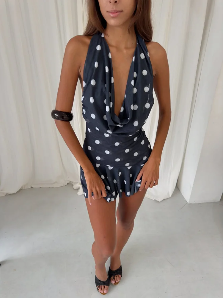 Polka Dot Mini Dress – Chic Backless A-Line Design for Summer Parties — close-up