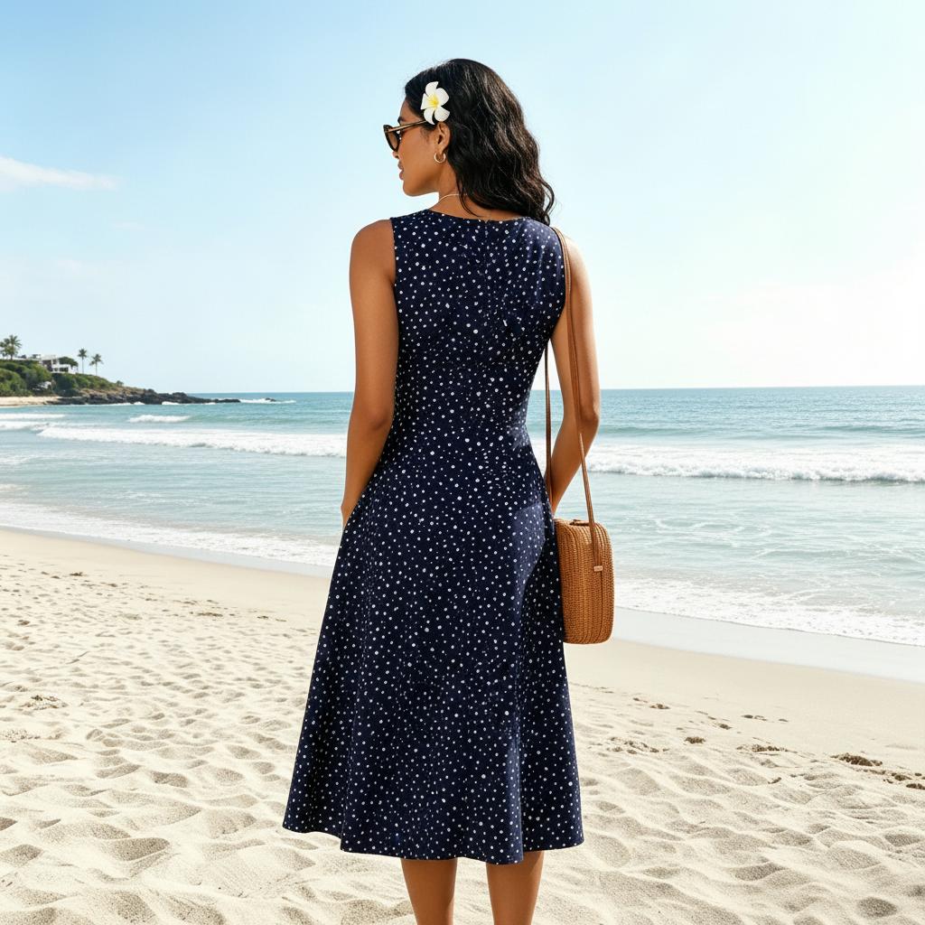 Polka Dot Sleeveless Fit and Flare Midi Dress — detail view