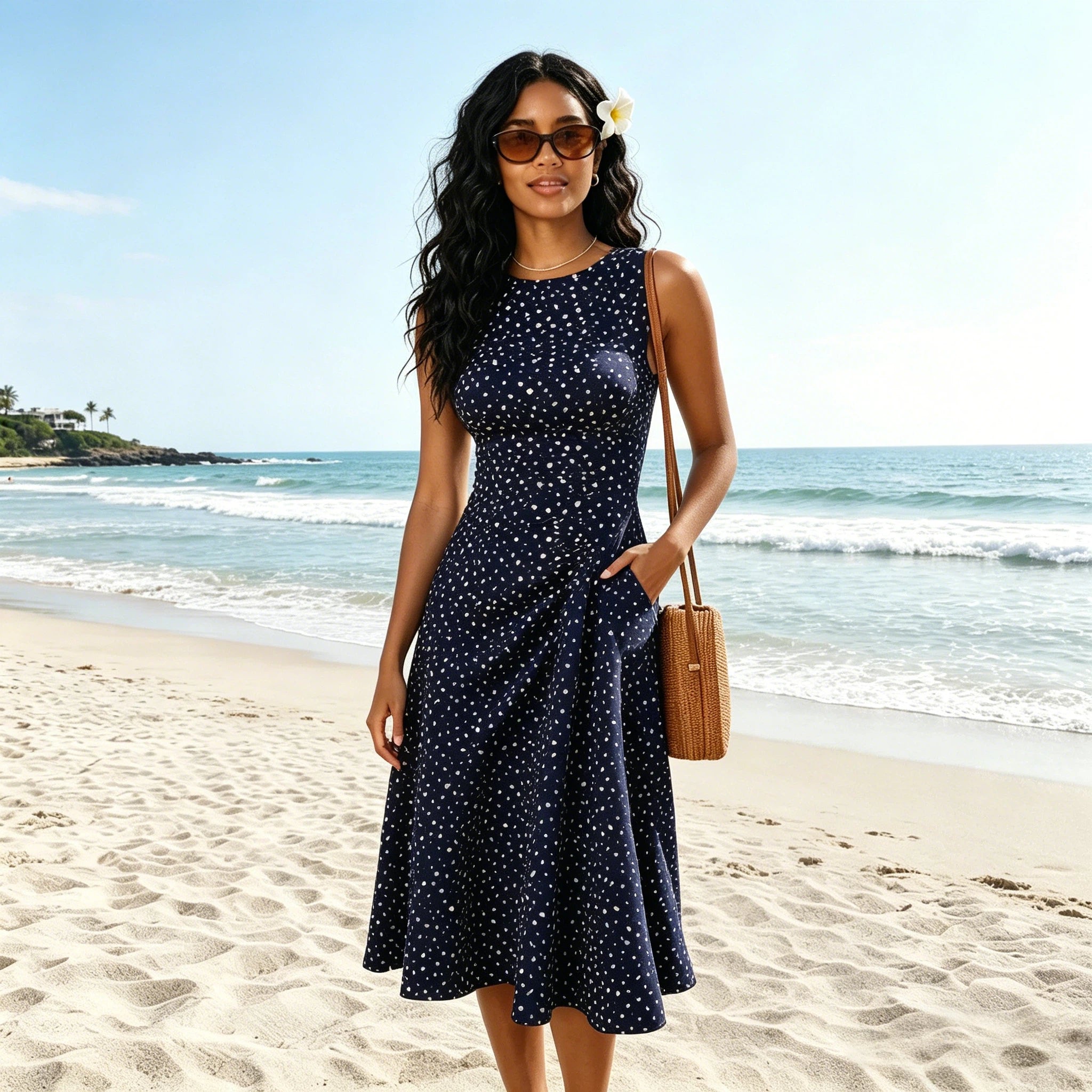 Polka Dot Sleeveless Fit and Flare Midi Dress