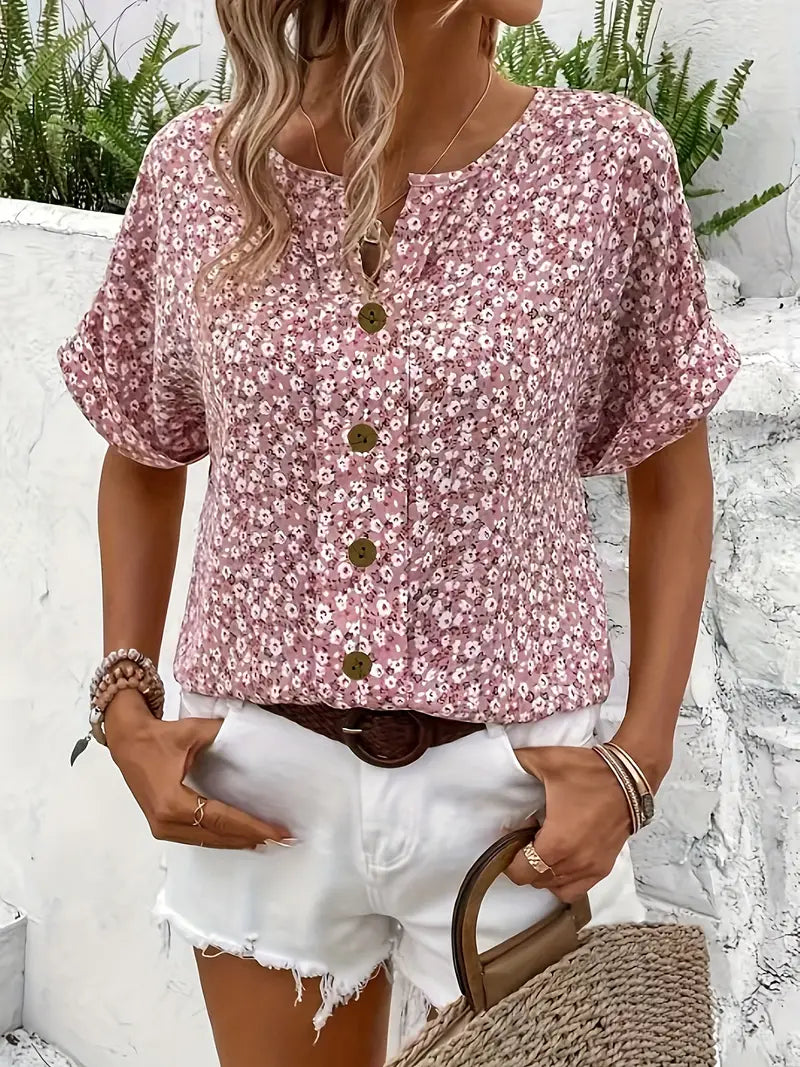 Printed Button-Front Blouse with Easy Relaxed Fit — detail view