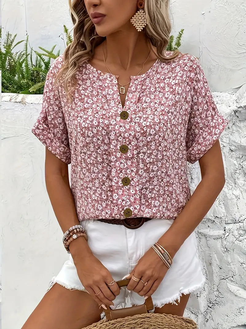 Printed Button-Front Blouse with Easy Relaxed Fit — model wearing