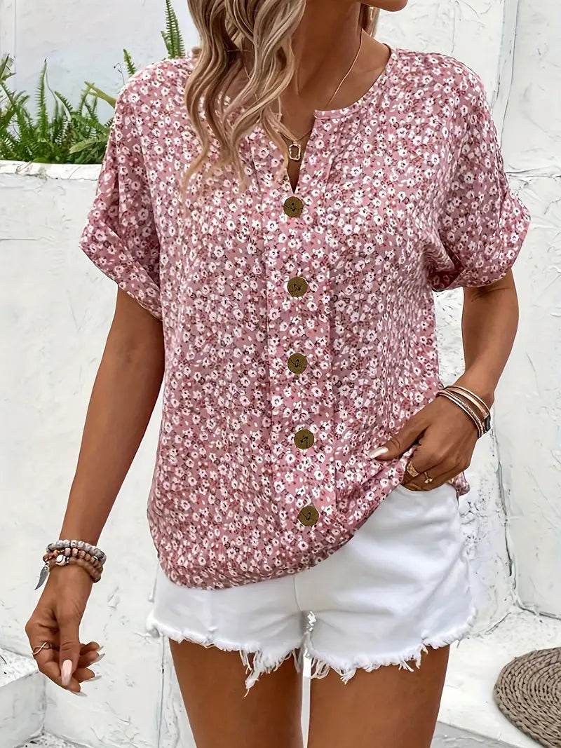 Printed Button-Front Blouse with Easy Relaxed Fit — side view