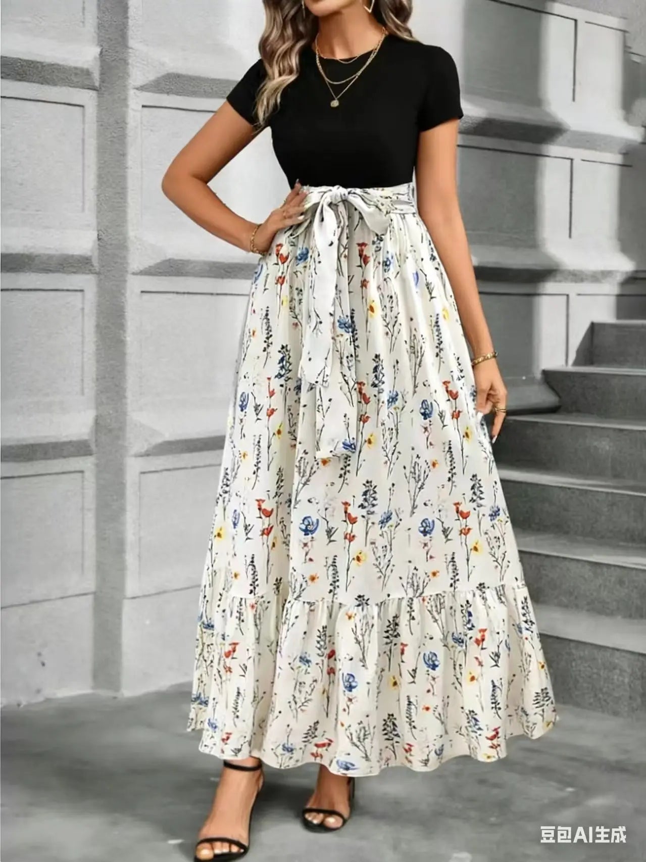 Printed Dress – Elegant A-Line Summer Outfit for Day or Evening Events — close-up