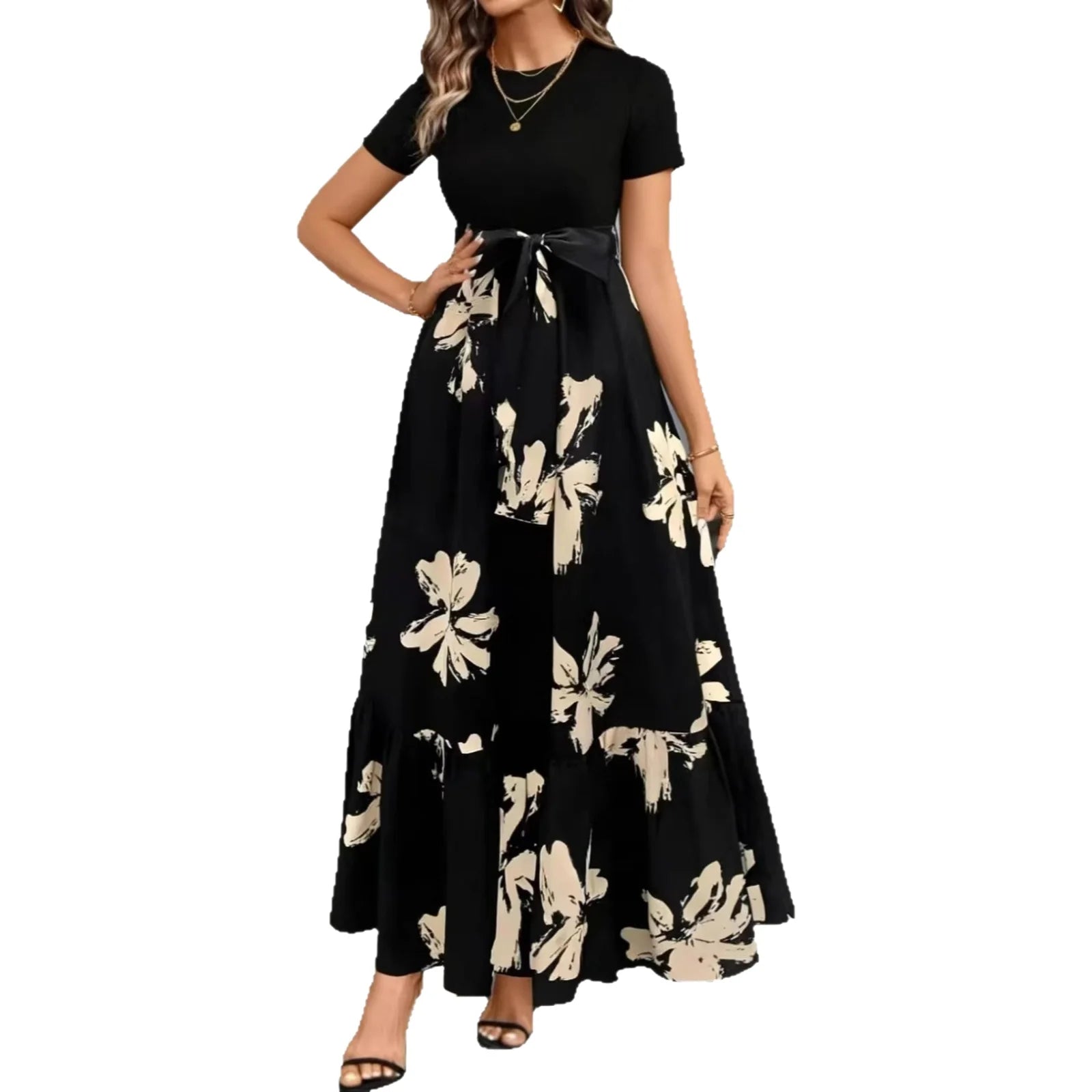 Printed Dress – Elegant A-Line Summer Outfit for Day or Evening Events — model wearing