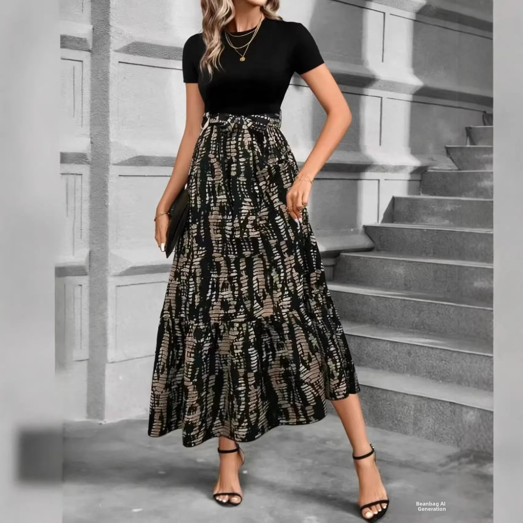 Printed Dress – Elegant A-Line Summer Outfit for Day or Evening Events — side view