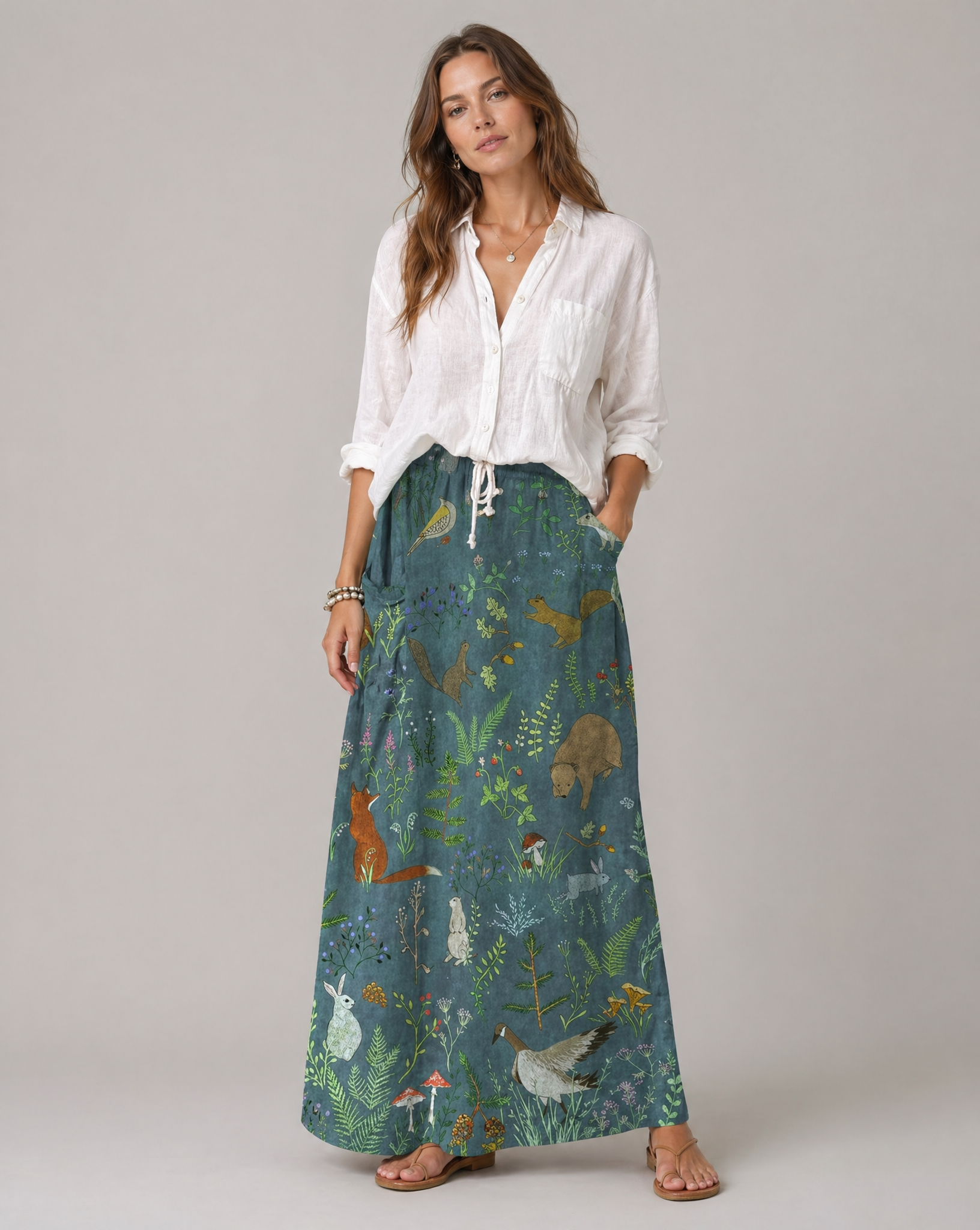 Retro Floral Animal Print A-Line Pocket Skirt — back view
