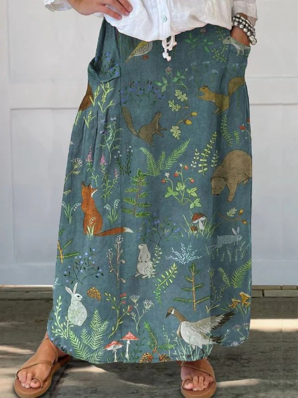 Retro Floral Animal Print A-Line Pocket Skirt — side view