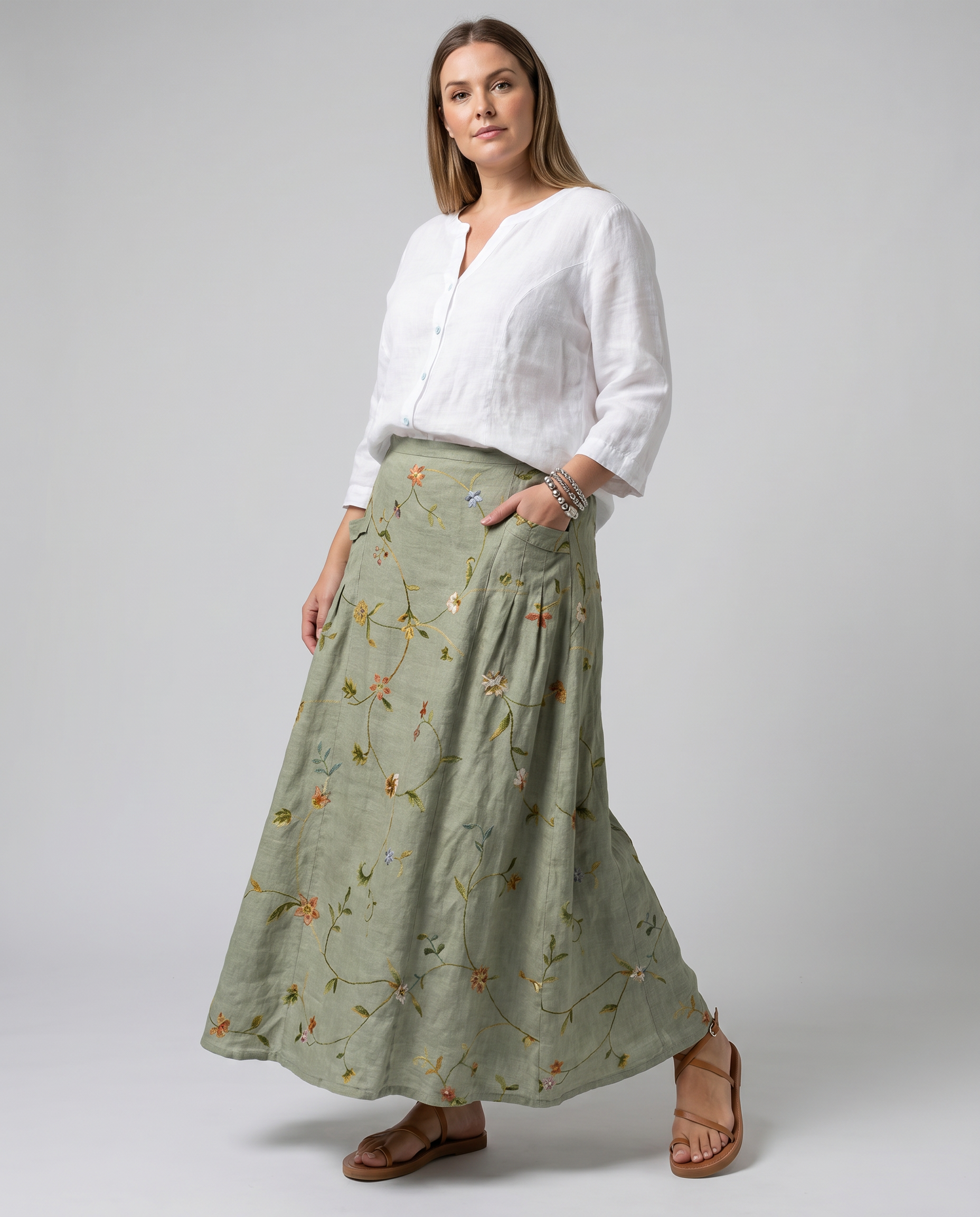 Retro Floral Art Sage Green A-Line Pocket Skirt — back view