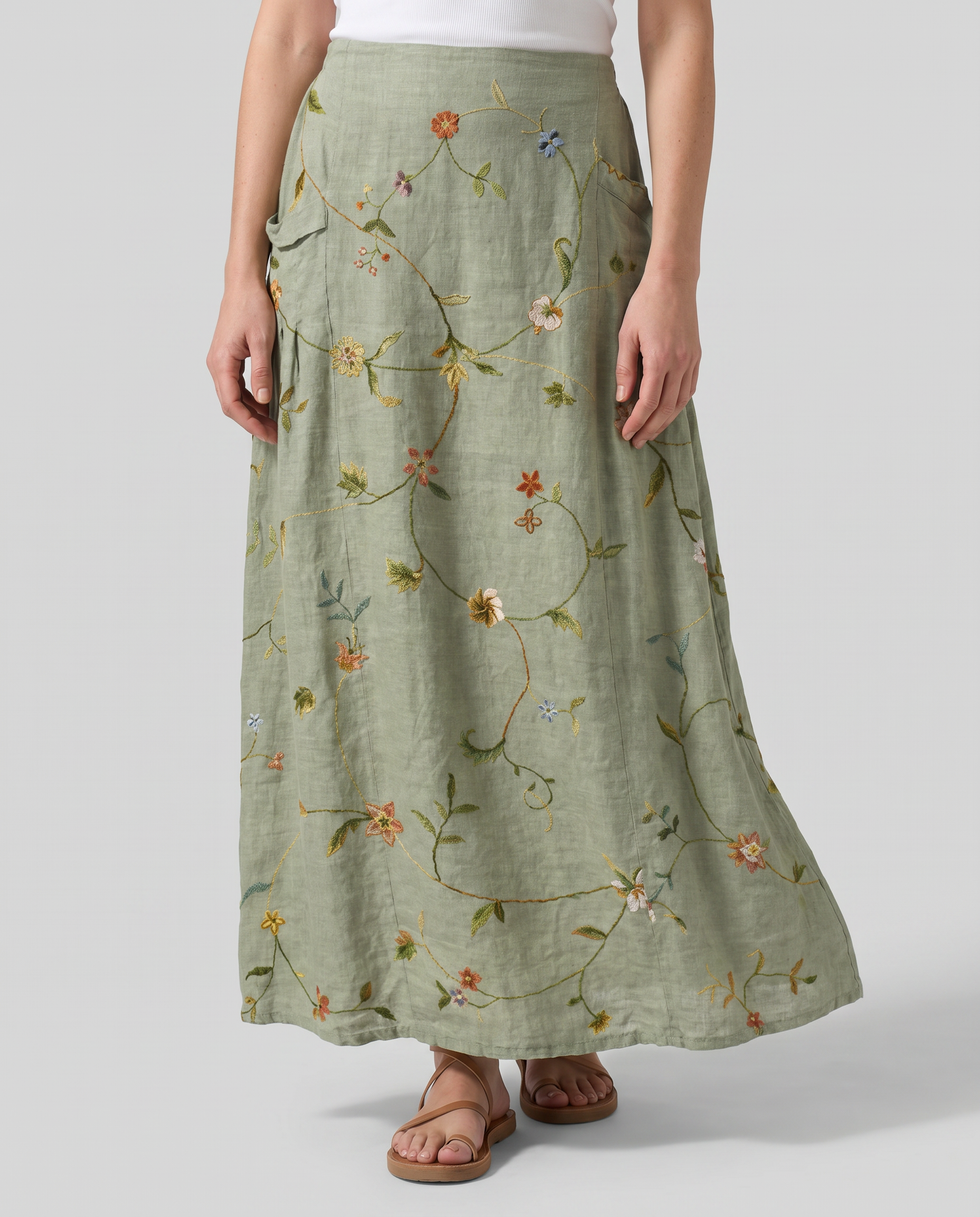 Retro Floral Art Sage Green A-Line Pocket Skirt — detail view
