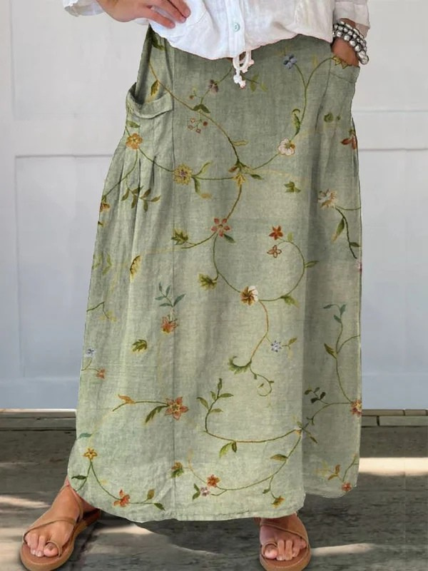 Retro Floral Art Sage Green A-Line Pocket Skirt — model wearing