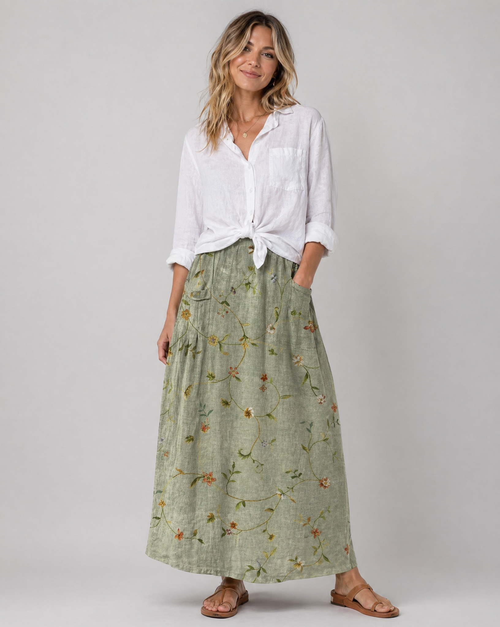 Retro Floral Art Sage Green A-Line Pocket Skirt — side view