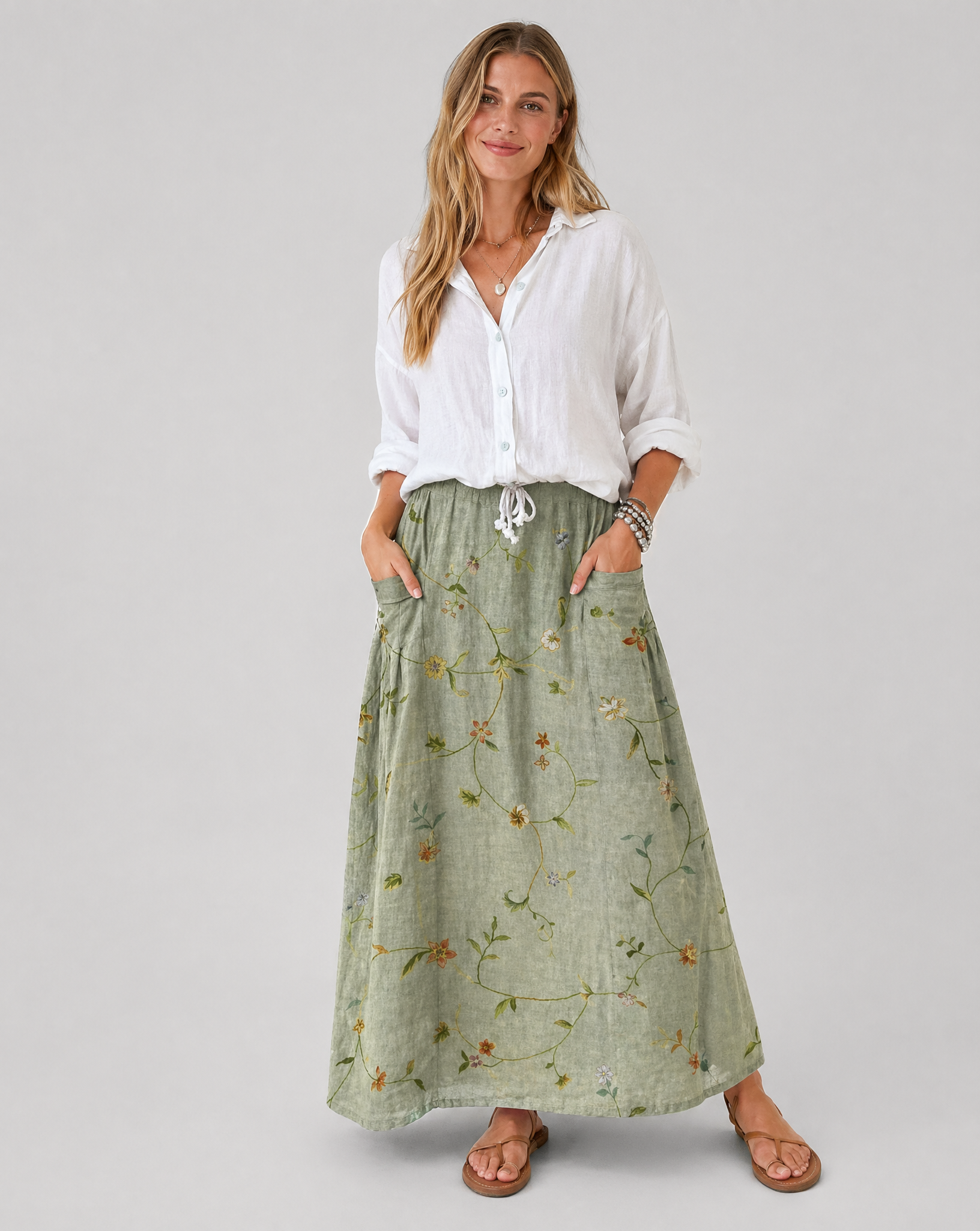 Retro Floral Art Sage Green A-Line Pocket Skirt
