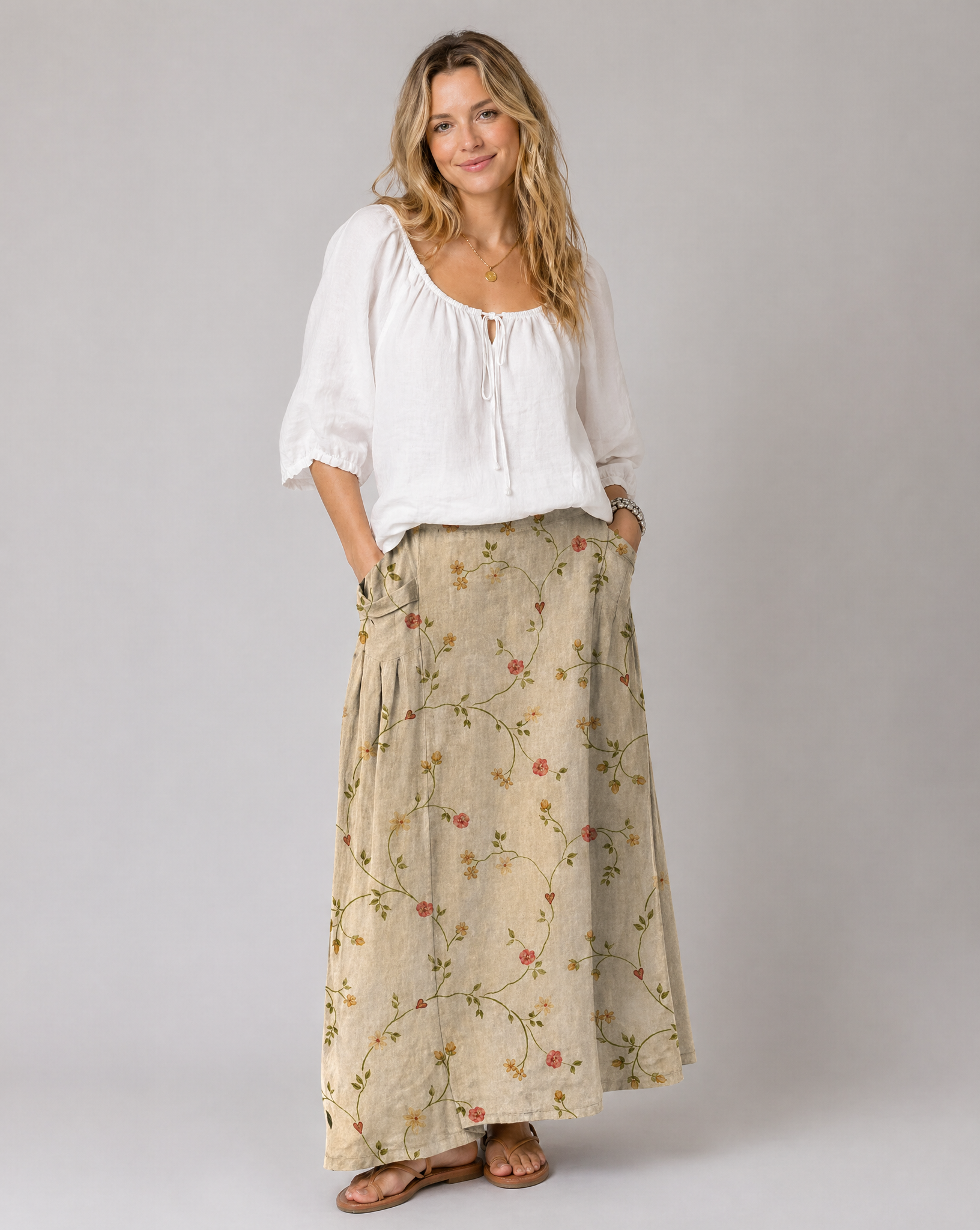 Retro Floral Print Beige A-Line Pocket Skirt — back view