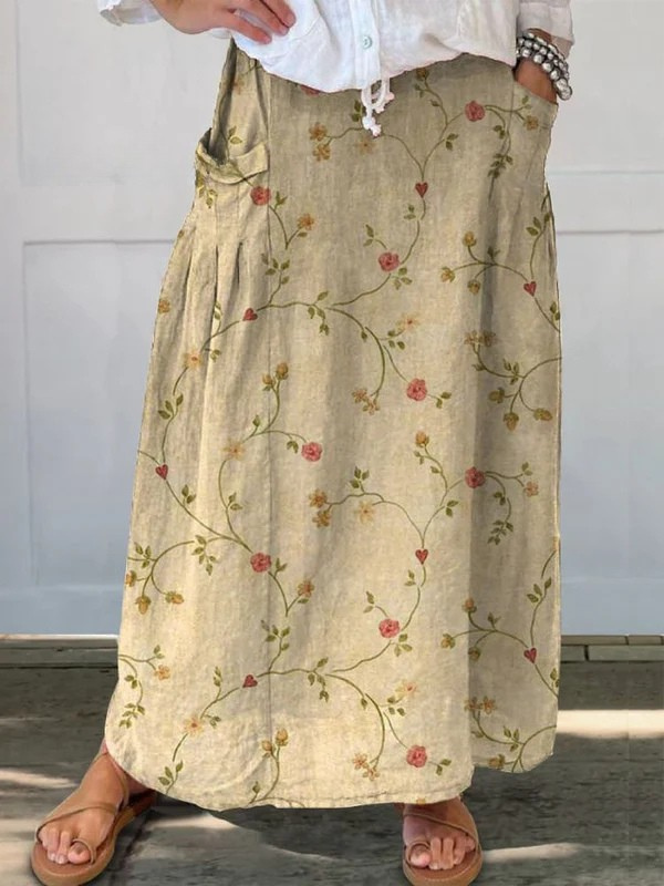 Retro Floral Print Beige A-Line Pocket Skirt — detail view