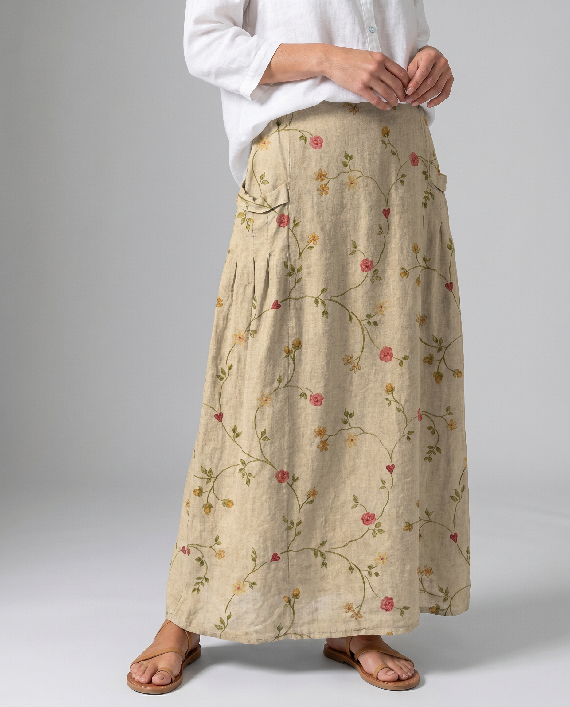 Retro Floral Print Beige A-Line Pocket Skirt — side view
